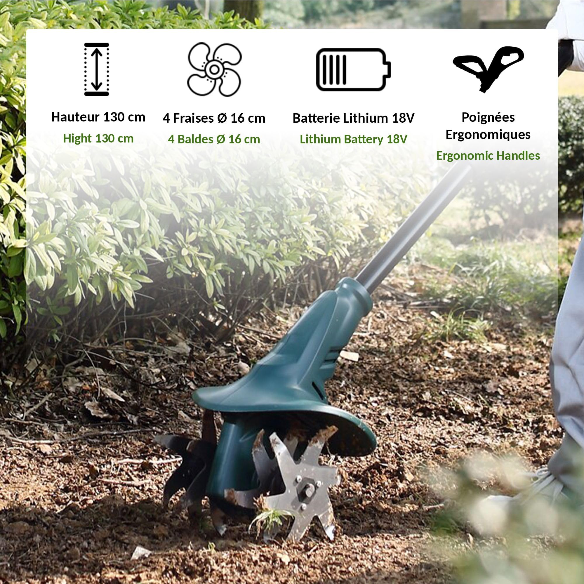 FISHTEC - Motoazada sin Cable 18V con batería de Litio - Batería y Cargador incluidos - Anchura de Trabajo: 20 cm - Profundidad de Trabajo: 8 cm - 4 Fresas - Mango Doble ergonómico