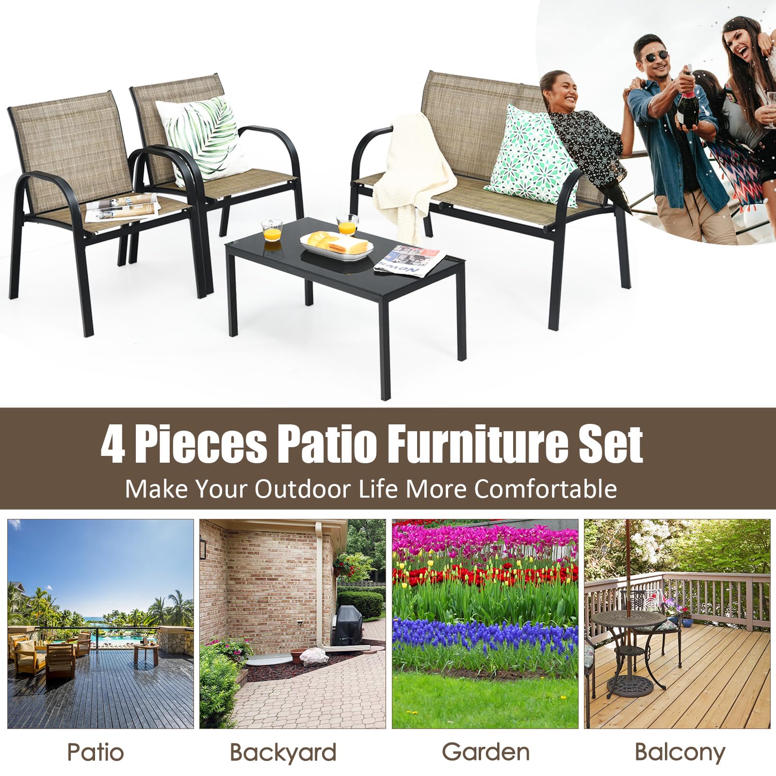 KOMFOTTEU Ensemble de Salon de Jardin 4 Pièces pour 4 Personnes, Mobilier d’Extérieur avec 2 Chaises, 1 Canapé et 1 Table Basse, Meubles de Terrasse pour Cour, Patio, Balcon (Marron)