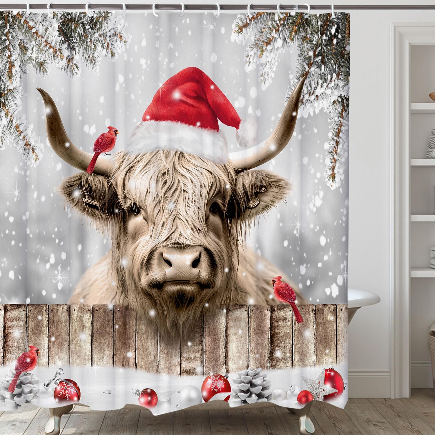 Christmas Highland Cattle Cow Bull With Birds Farmhouse Shower Curtain Set, Snowy Xmas Ball Bathroom Curtain With Hooks, 72x84 Inches
