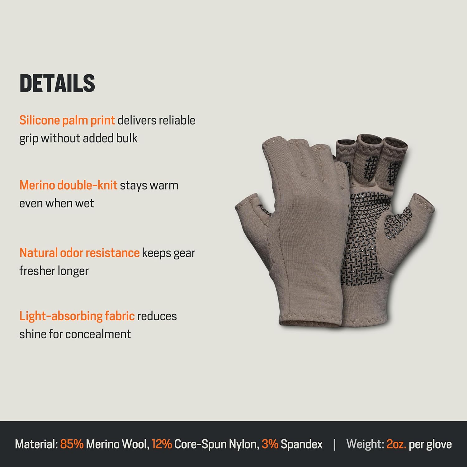 First Lite Rugged Wool Half Finger Glove - Merino Wool Hunting Gloves with Silicone Grip Palm for Shooting Dexterity - Image 5