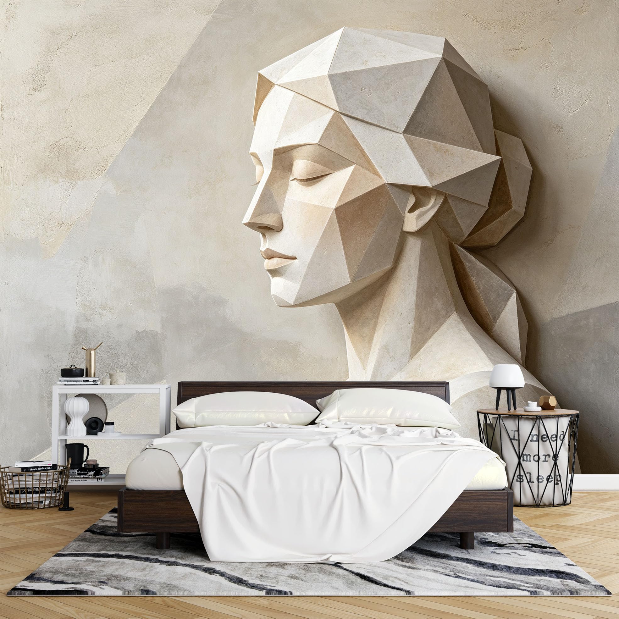 Papier Peint Intissé Fresque Murale Abstraite Géométrique À Facettes Représentant Des Sculptures Féminines 300 x 210 cm Papier Peint Photo 3D Art Mural Moderne pour Salon et Chambre.