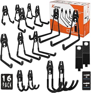 Garage Hooks, 16 Pack Steel Heavy Duty Garage Storage Hooks with Anti-Slip Coating, Utility Garage Wall Mount Hooks for Hanging Bike, Ladder and Garden Tools