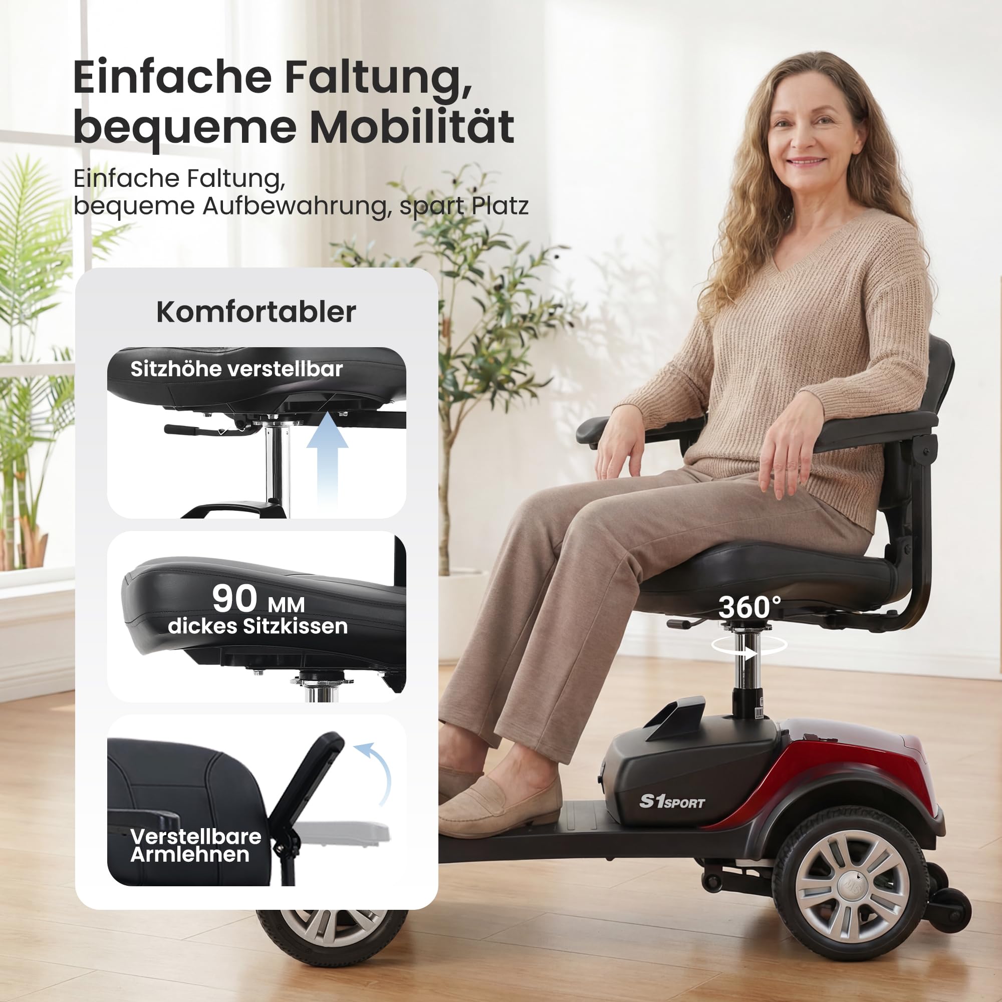 Rollstuhl Elektrisch Faltbar für Senioren Elektro Rollstuhl mit 360° Drehsitz 20km Reichweite Intelligenter Bremse Inkl LED Scheinwerfer,Ladegerät Rot.