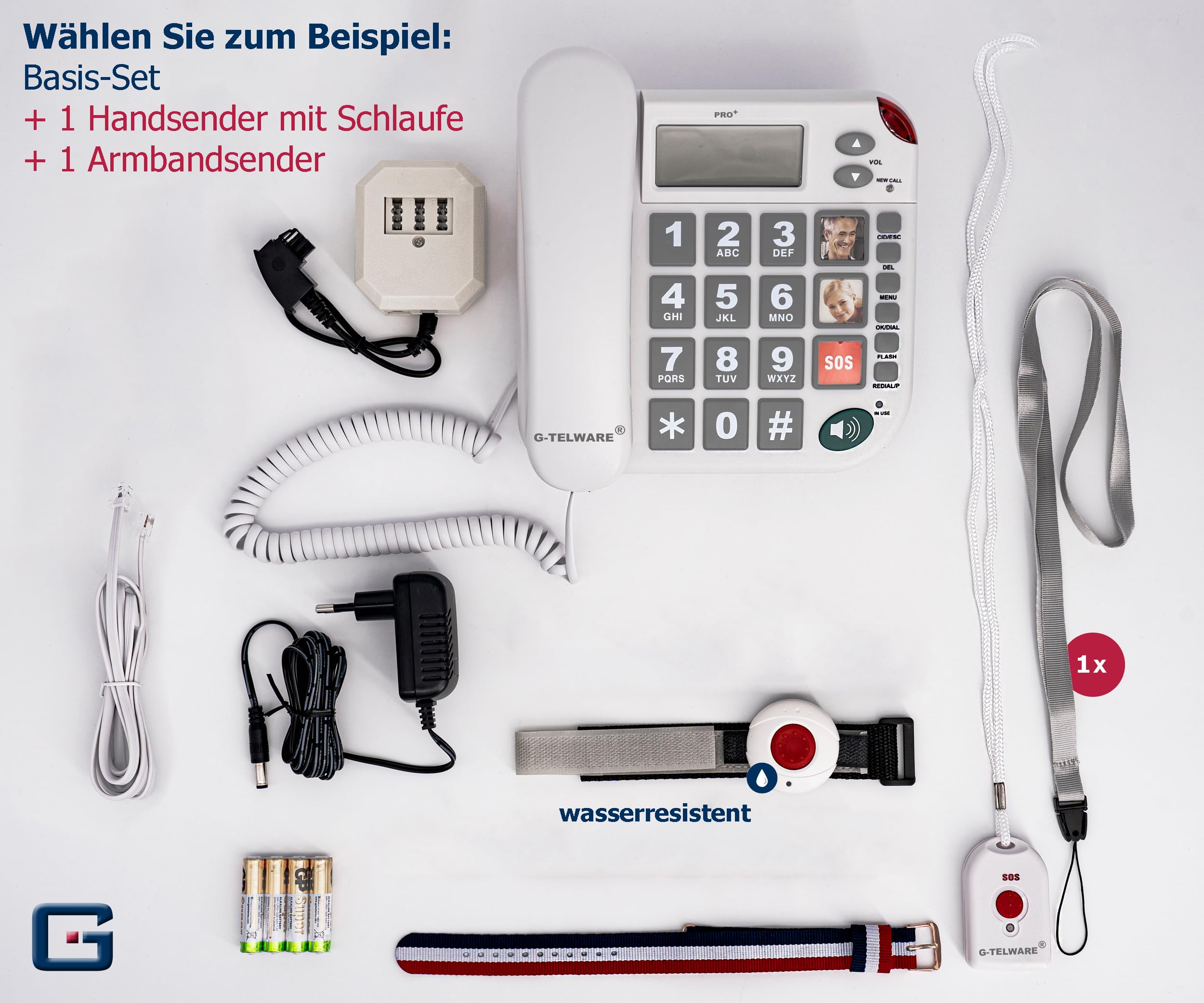 PRO+(G-TELWARE®) - Seniorentelefon Festnetz mit Notfallarmband | mit Notruf-Kette für garantierte Erreichbarkeit | Hausnotruf für Angehörige - mit SOS Armband und Notrufknopf für Senioren