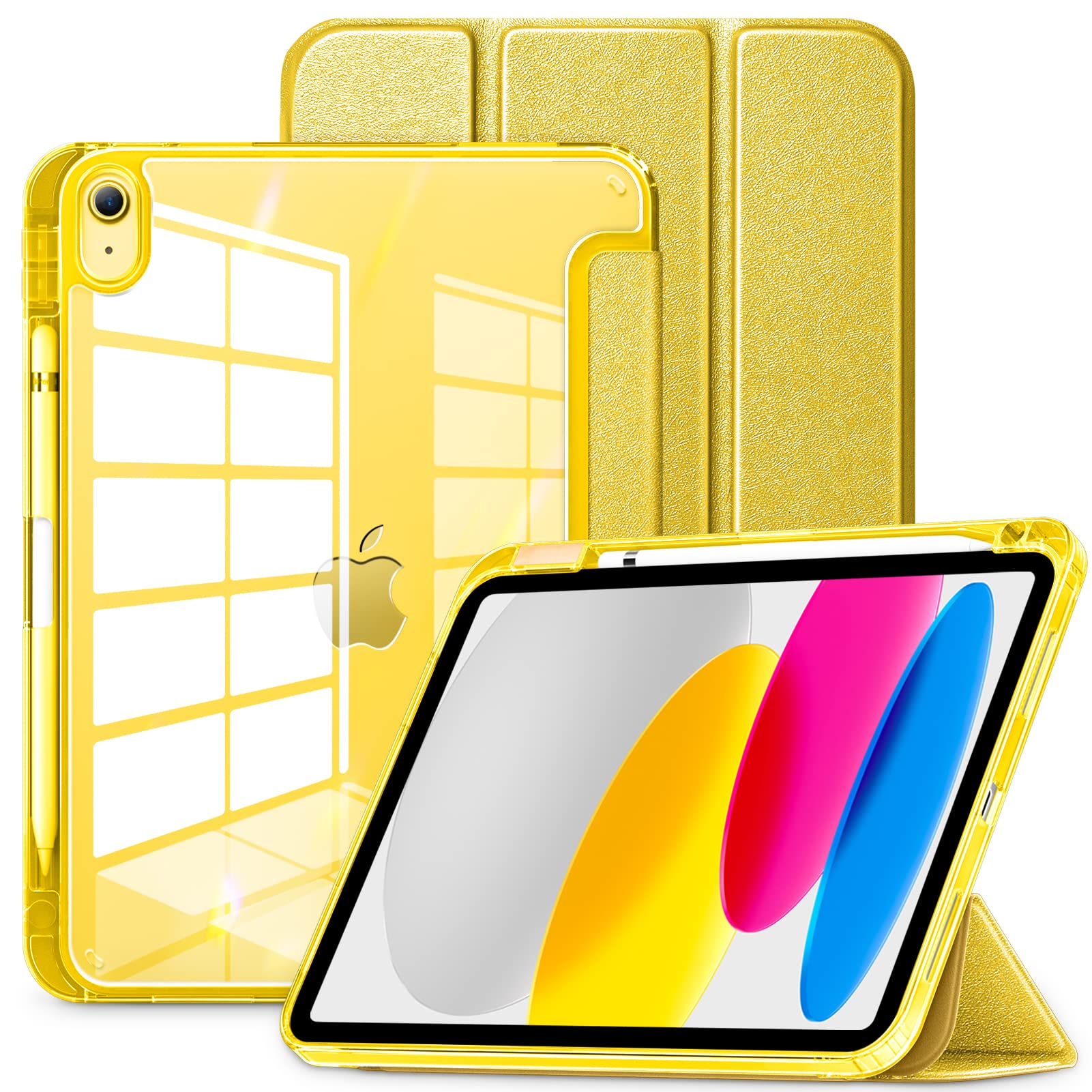 DTTOCASE GEM Series Case for iPad 10th Generation 2022, iPad 10.9 Inch Case with Clear Back,Transparent TPU Shockproof Frame and Sparkle Glitter Smart Cover [Built-in Pencil Holder] -Yellow Diamond