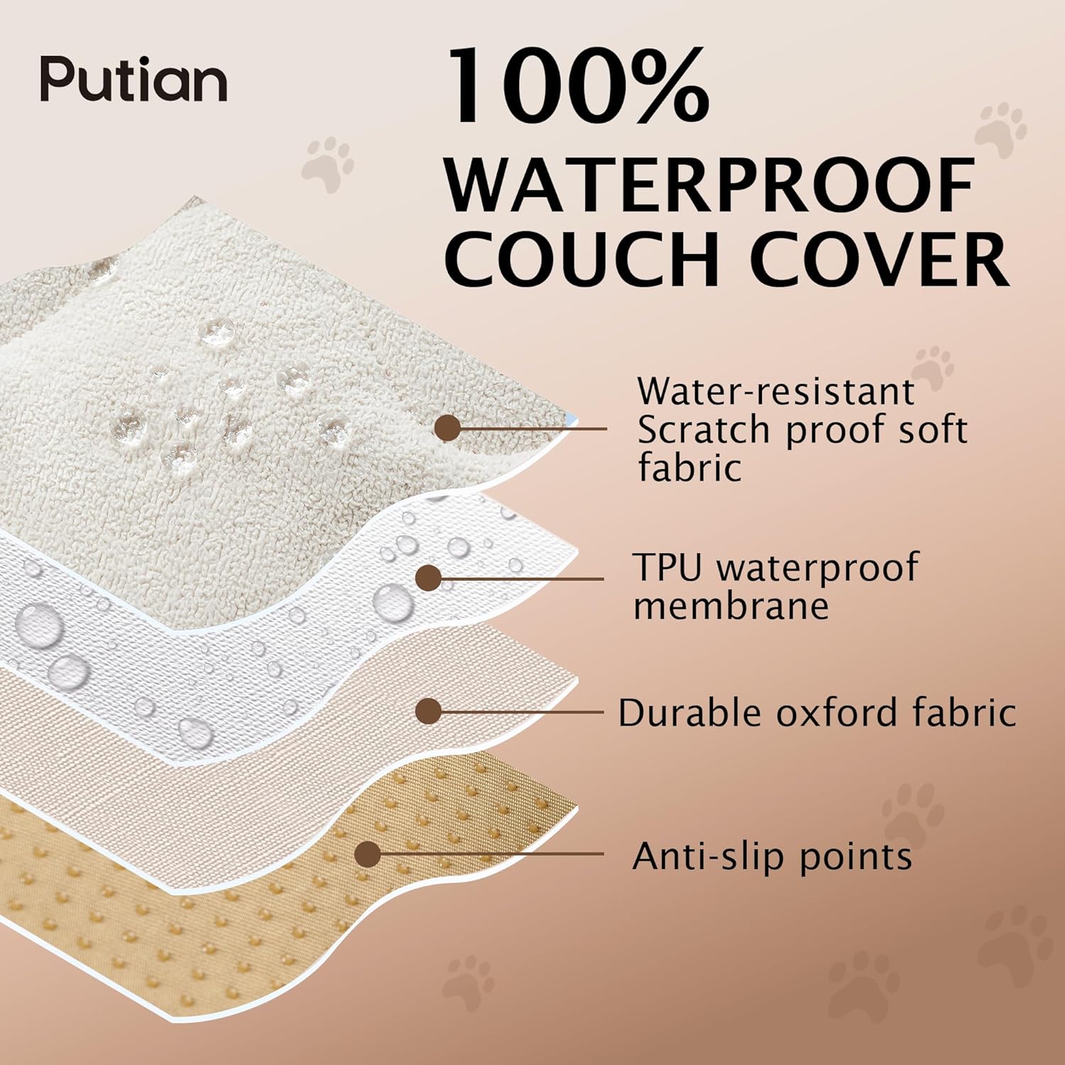 PuTian Waterproof Couch Cover for Dogs - Washable Sectional Sofa Cover with Non-Slip Straps, Pet Friendly Couch Protector & Dog Mat - 36''X63'' 90cmX160cm Off White