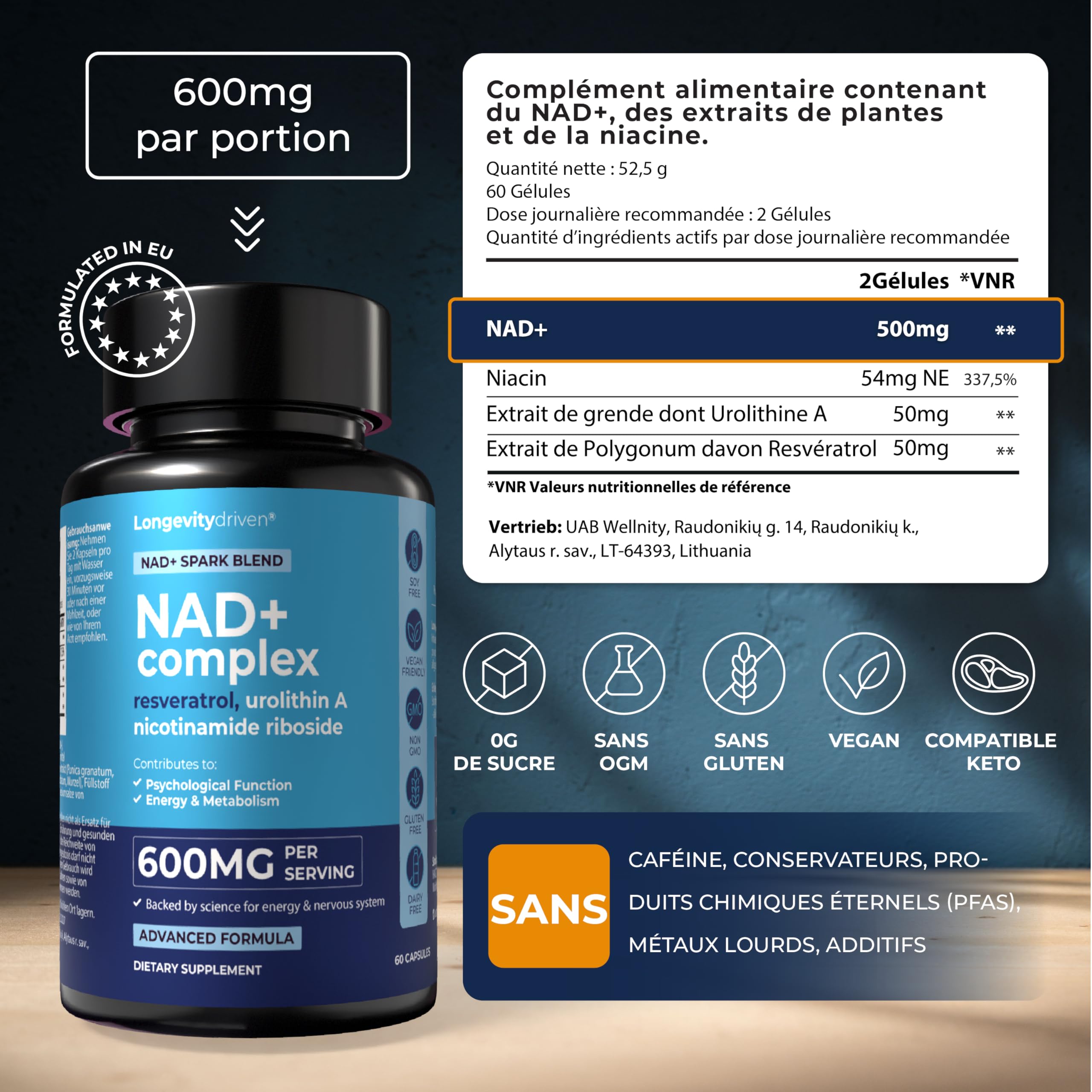 NAD+ 600 mg, Anti-âge, Réduit la Fatigue et Améliore le Métabolisme, Resvératrol, Urolithine A, Niacine, 60 Capsules, 1 Mois D'approvisionnement
