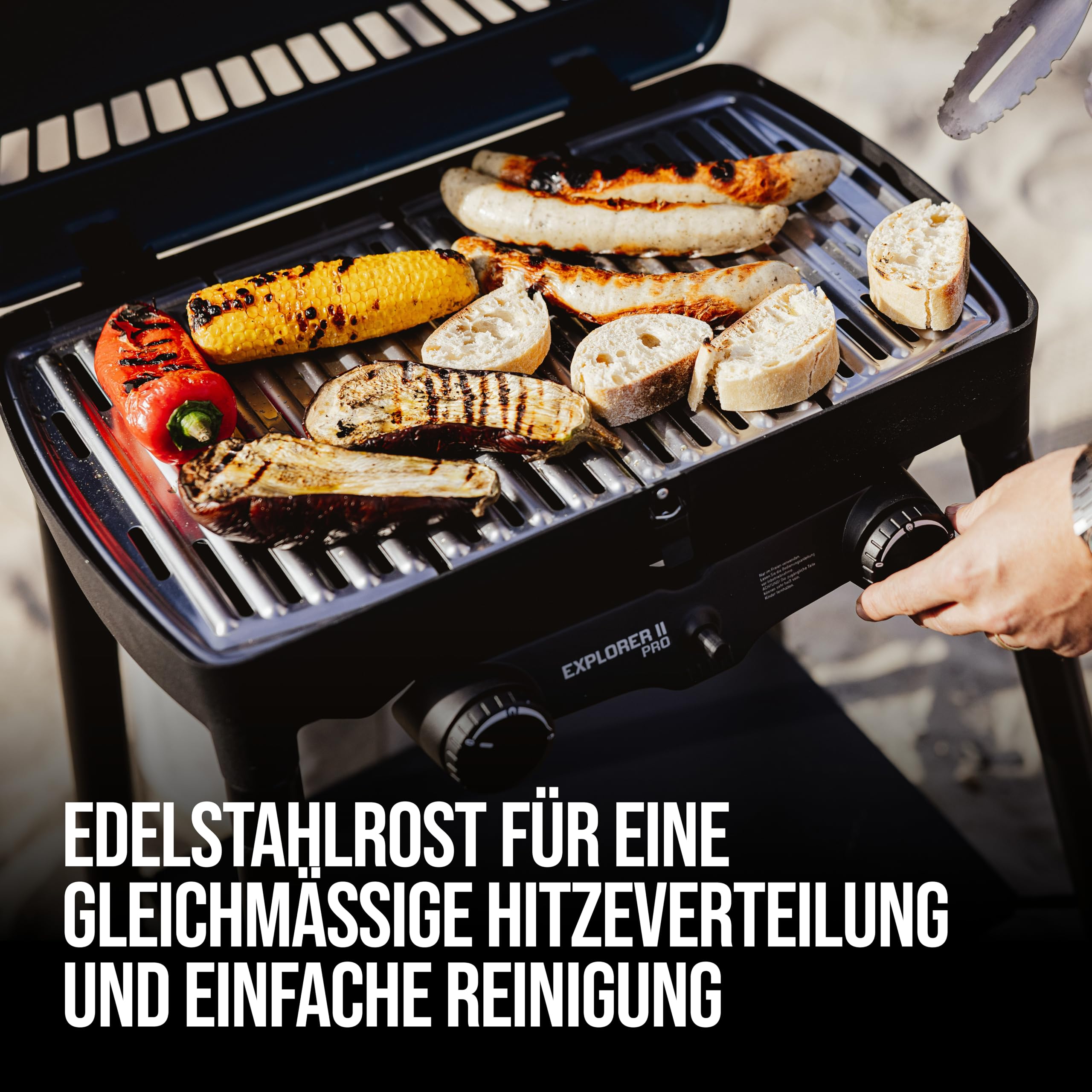 Enders® Camping Gasgrill EXPLORER II PRO, integriertes Grill-Thermometer, Grillen-, Kochen-, Backen Funktion, 2 Brenner Edelstahl, kleiner Balkon-Picknick-Grill - Aluguss-Grillwanne, #2108