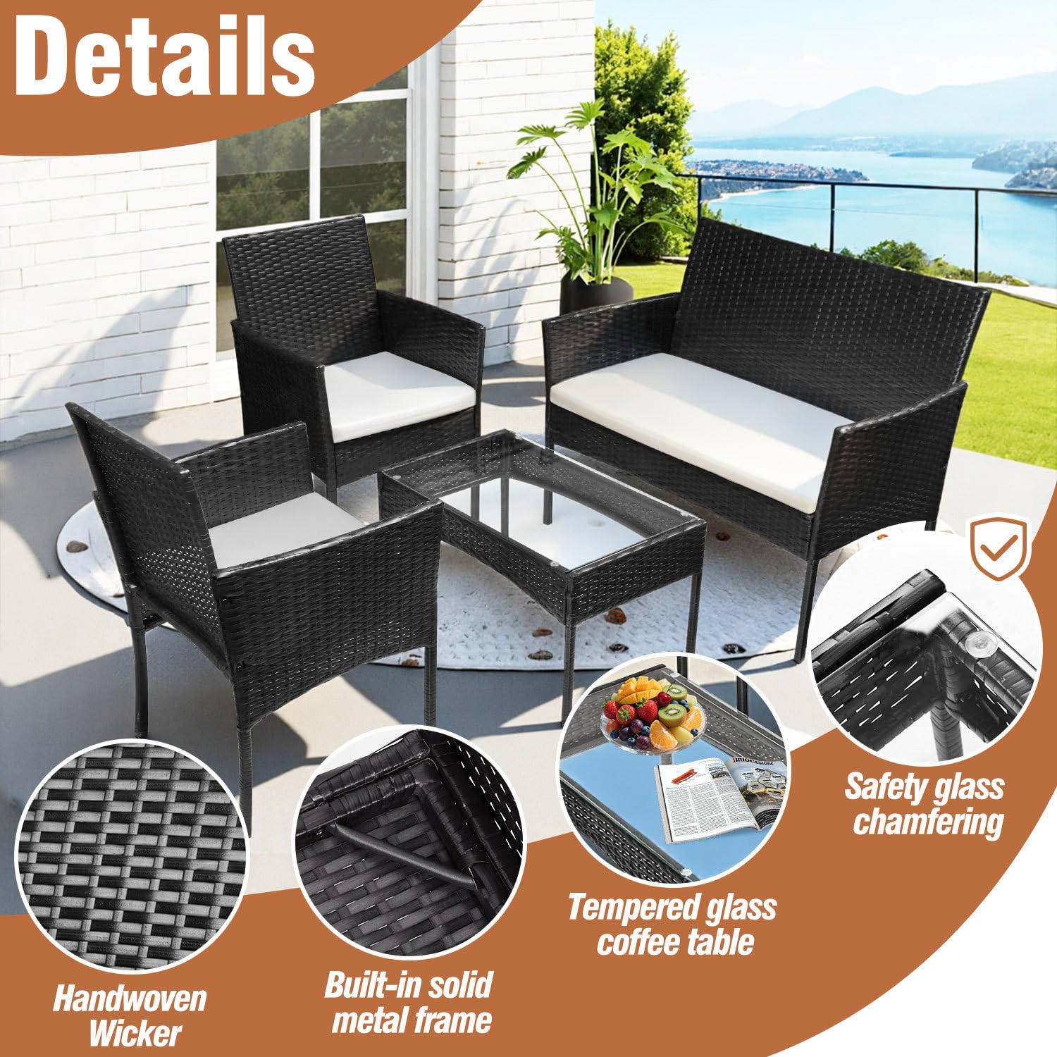Set di mobili da giardino in rattan sintetico, 4 pezzi, con tavolo in vetro, 2 poltrone e panca a 2 posti, con cuscini da 5 cm, per balcone, terrazza, giardino, colore nero