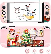 Pink Case Compatible with Nintendo Switch OLED, FANPL Cute PC Protective Cover for Switch OLED, Kawaii Skin with Thumb Caps and Screen Protector, Accessories for Girl - Christmas Cat & Dog Pattern