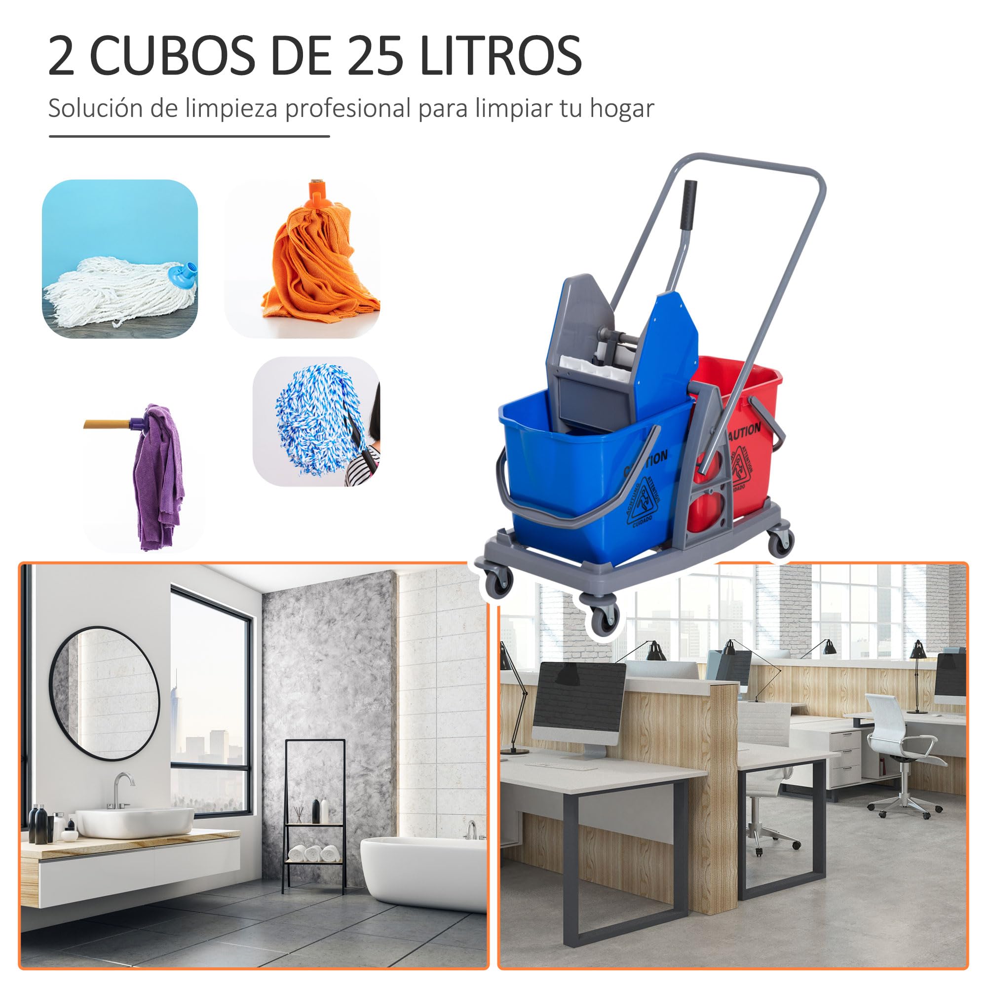 HOMCOM Carro de Limpieza Profesional Carro de Fregado de Metal con 2 Cubos de 25 litros Extraíbles Escurridor Prensa Manual y 4 Ruedas 73x45x92 cm Rojo y Azul