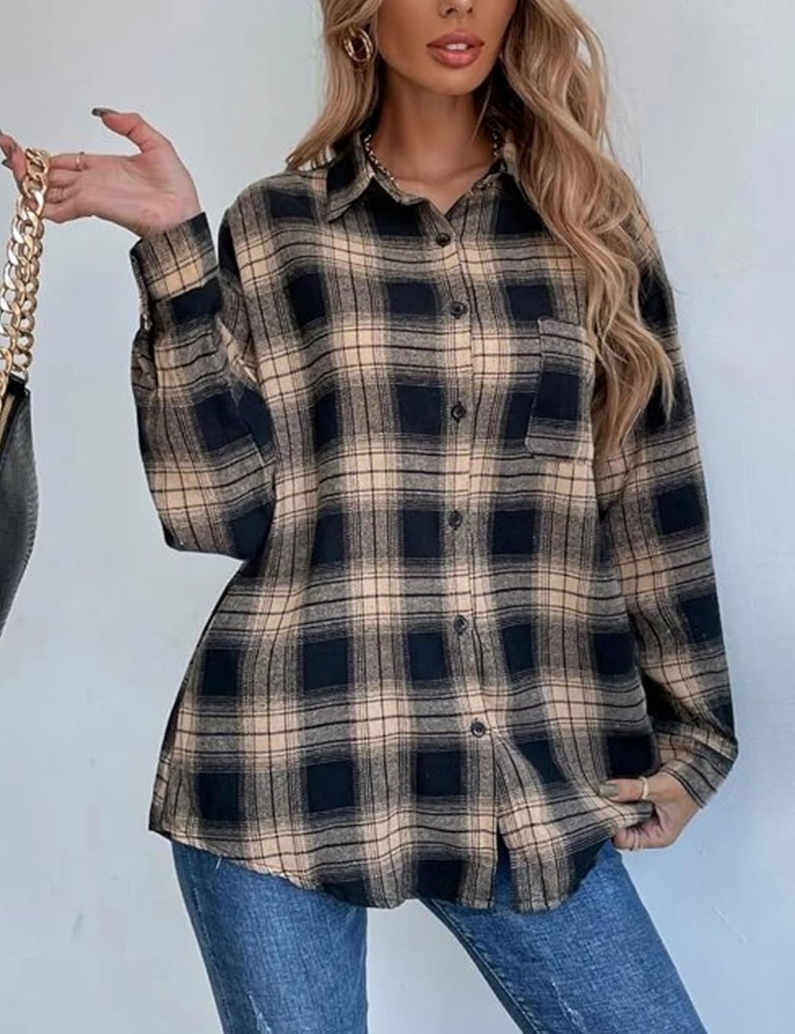 Womens Fashion Flannel Buffalo Plaid Shirt Button Down Long Sleeve Casual Loose Collared Shirts Blouse Top - Image 4
