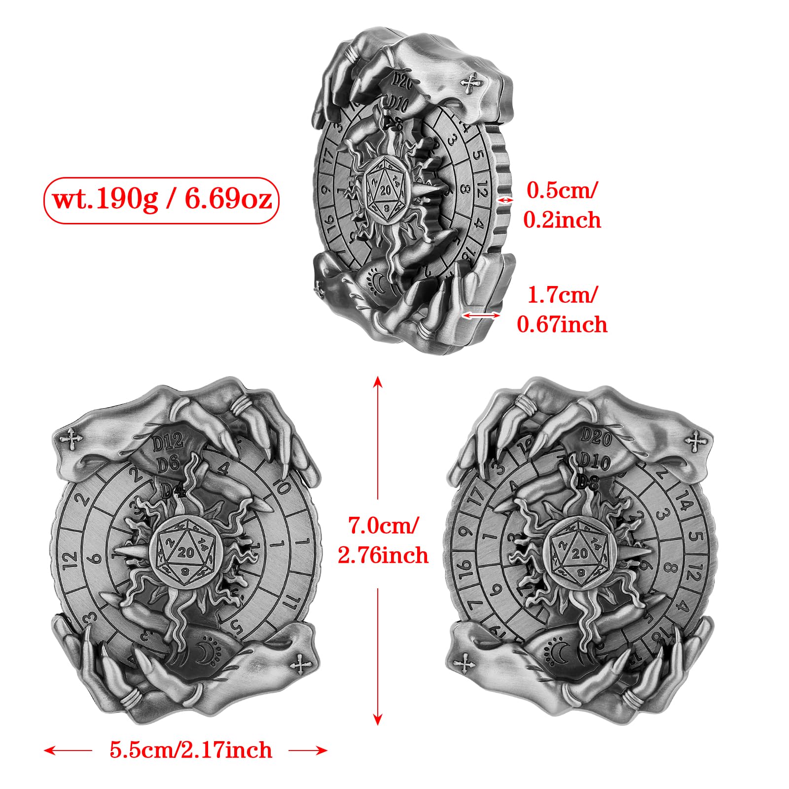 Mano Magica DND Ruota Dadi Spinner, 7-in-1 Metallici Spinner di Dadi, Roulette Mano Magica, Regali D&D, Sacchetto Regalo con Logo Drago, Giochi di Ruolo, Accessori per Giochi da Tavolo, Argento Scuro