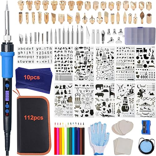 Kit de 112 herramientas para quemar madera con pantalla LCD digital, pluma de pirografía, temperatura ajustable y relieve/tallado/soldadura/grabado