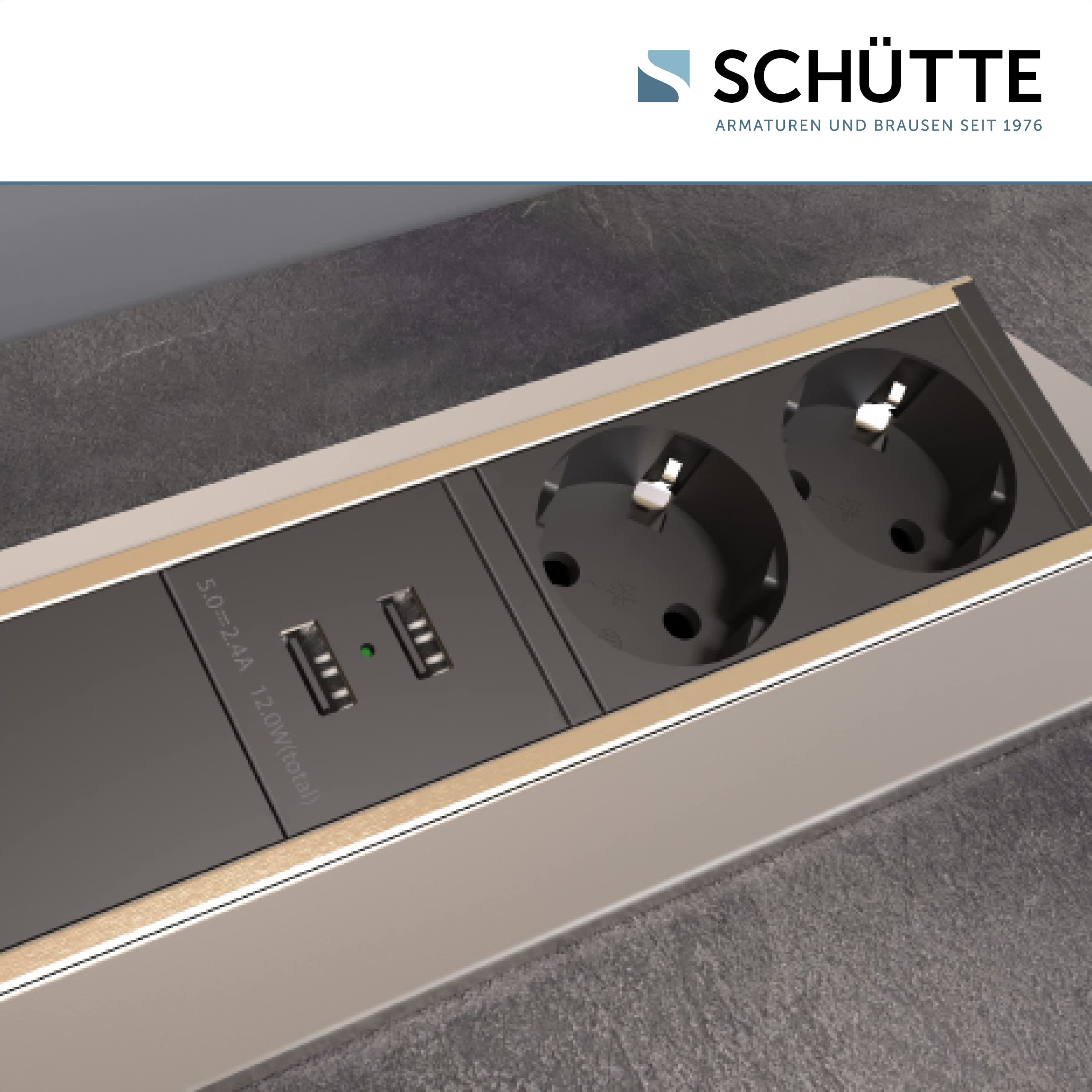 SCHÜTTE, presa multipla richiudibile per piano di lavoro (2 porte USB e 2 prese da 230 V), presa a incasso per cucine da attrezzare, presa da tavolo, in acciaio inox