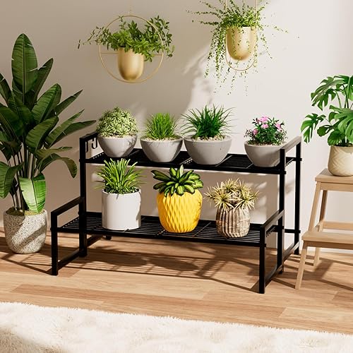 Miniatura 6 de Garden 4 you Soporte de metal de 2 niveles para plantas al aire libre e interior, impermeable, apilable, resistente, estante alto para plantas,