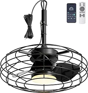 Coolbull Outdoor Ceiling Fans with Light for Patios, 20'' Wet Rated Gazebo Fan Remote&APP Control, Dimmable Hanging Fan with Plug in Cord for Pergola, Black
