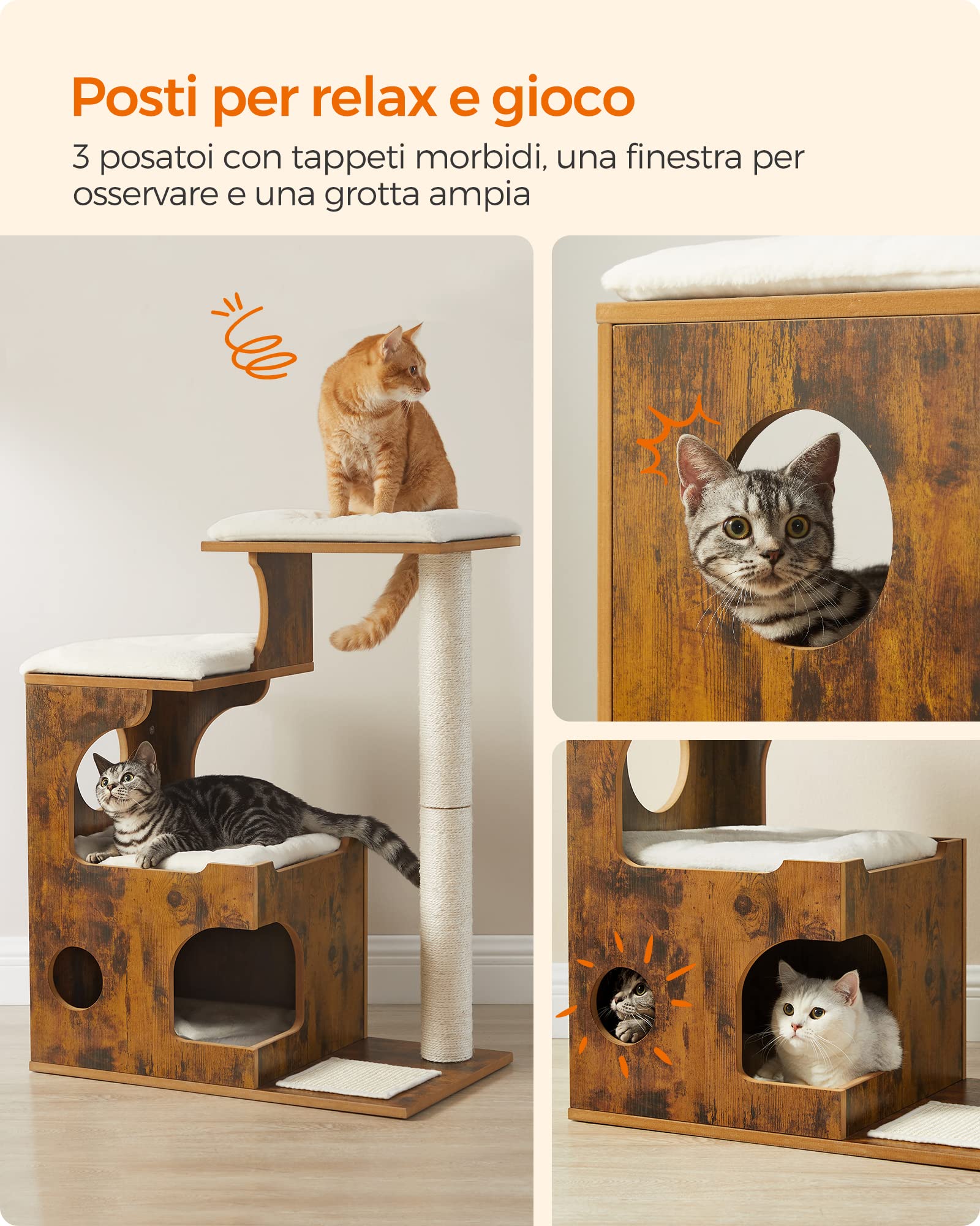 Feandrea Tiragraffi, Albero per Gatti di Truciolato Alto 86 cm, con Grotta, Posatoi, Colonna e Tappeto Graffiatoio in Sisal, Lavabili Tappeti in Pelliccia Sintetica, Marrone Vintage PCT70HW