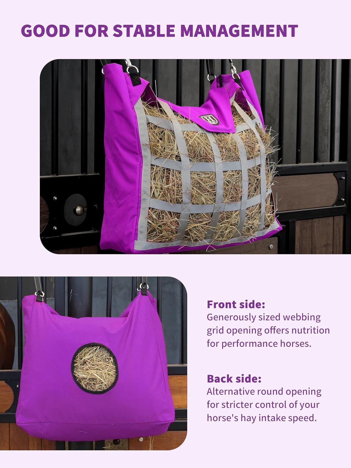 Harrison Howard 3/Pack Combo 2 Sided Design Slow Feed Hay Bag for Horses, Horse Hay Feeder Bag for Stable, Trailer & Fence with Dual Openings-3 PCS Purple