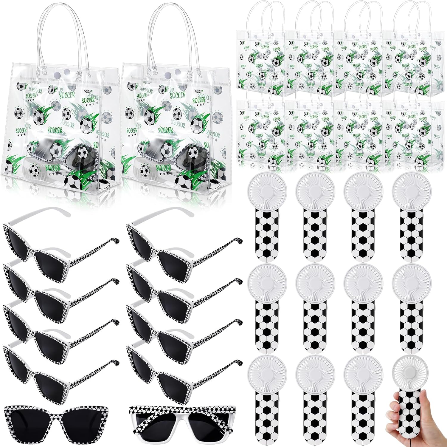 36 Pcs Soccer Party Favors, 12 PVC Soccer-themed Gift Bags 12 Sunglasses 12 Mini Handheld Fans, Game Day Team Spirit Supplies for Soccer Birthday Party, Team Gifts, Goodie Bags Stuffers