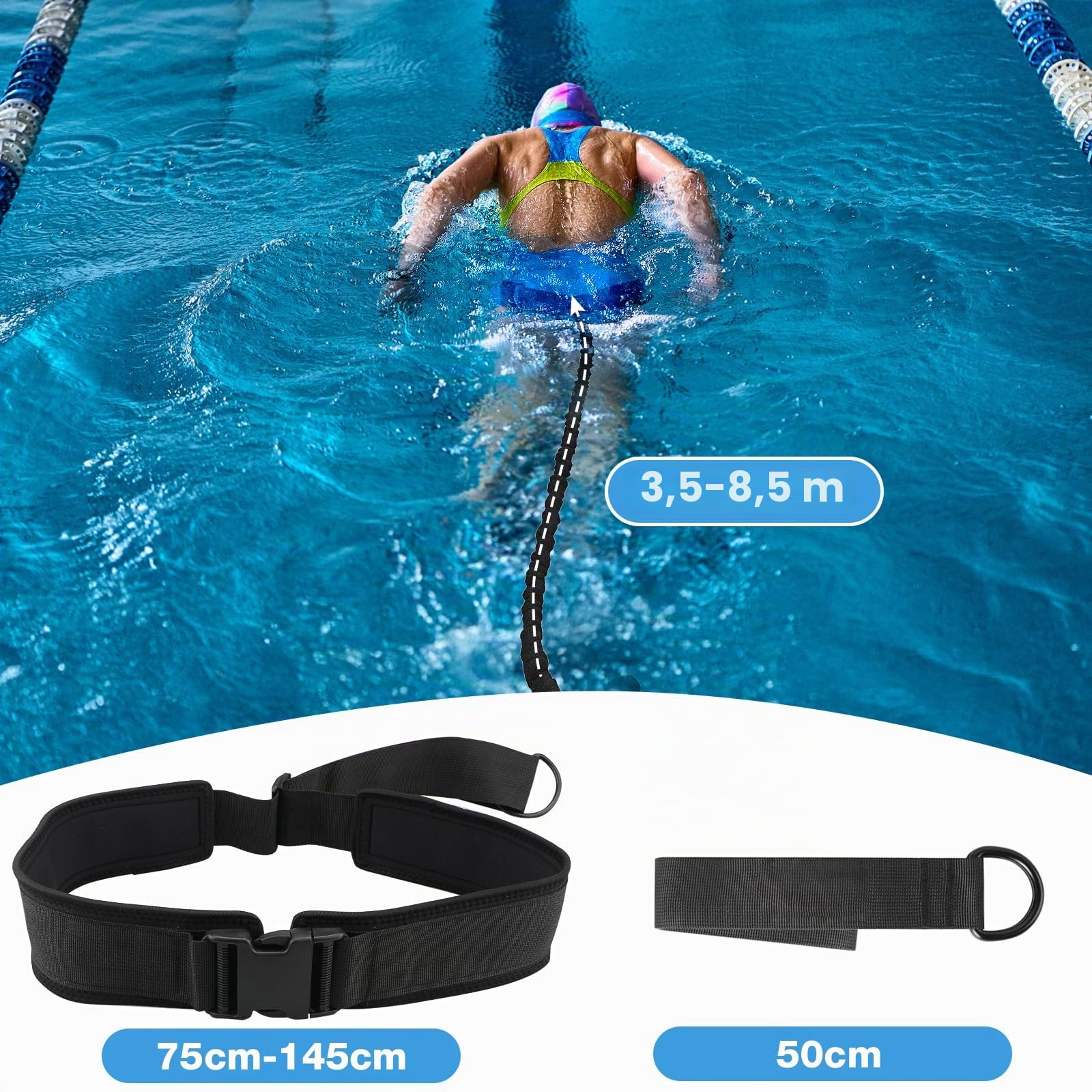 Ceinture de natation premium pour adultes pour piscine, ceinture de 3,5–8,5 m avec élastiques en caoutchouc, aide à la nage pour adultes, adaptée aux débutants et aux professionnels, pour