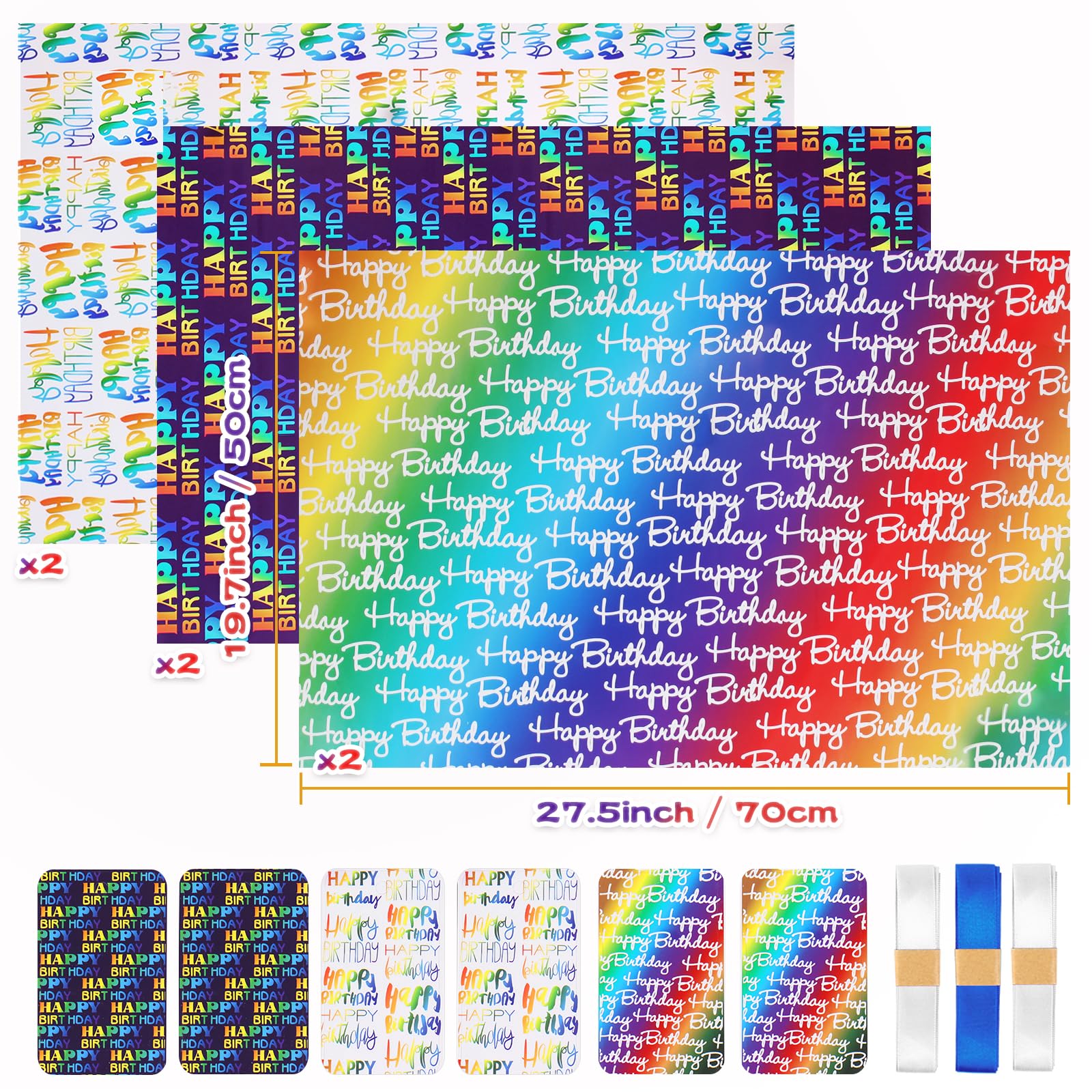 Papier do pakowania urodzinowego papieru do pakowania z gradientowym wielokolorowym tekstem "Happy Birthday", zestaw papieru do pakowania prezentów zawiera arkusze papieru do pakowania prezentów,