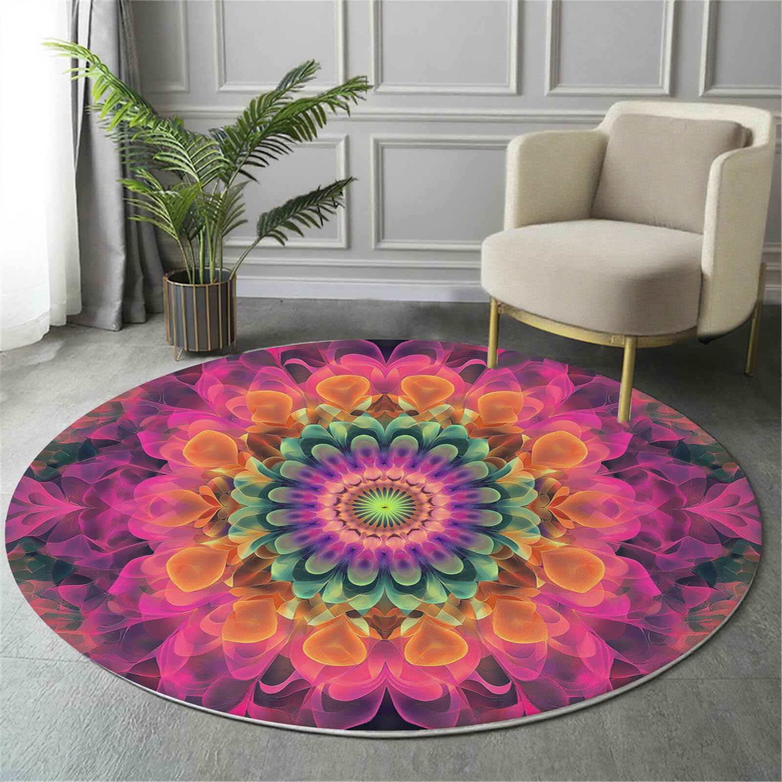 Rond Tapis Salon Rose Moquette 3D Mandala Tourbillonnant Chambre De Décoration Poil Ras Lavable en Machine Paillasson Art Psychédélique Antidérapant Salle A Manger Chambre Adulte,120Cm