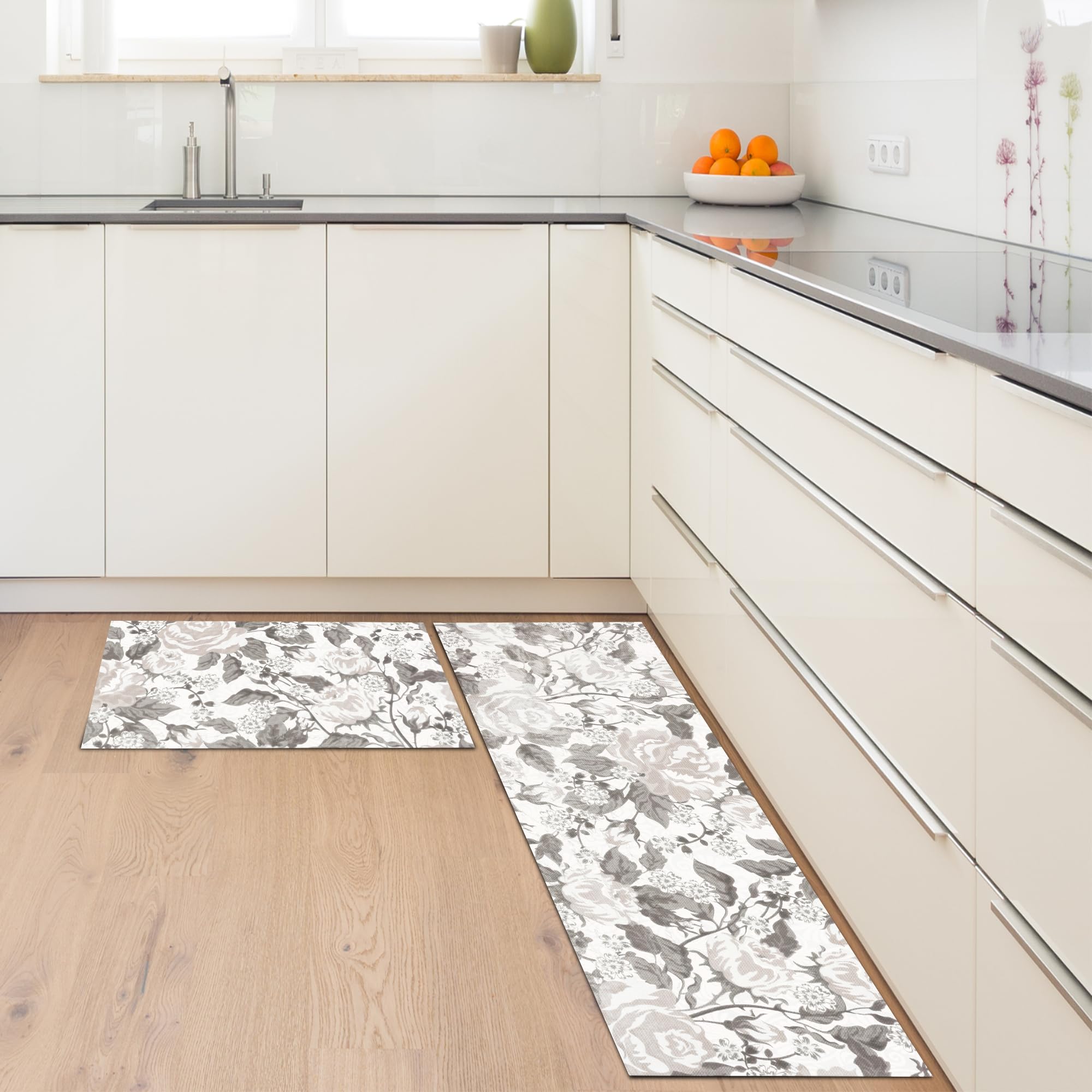 Pack 2 Alfombra Vinilo Cocina Antideslizante – Alfombrilla Vinílica Lavable PVC para Cocina Moderna 43x72 y 43x120 cm (Flowers)