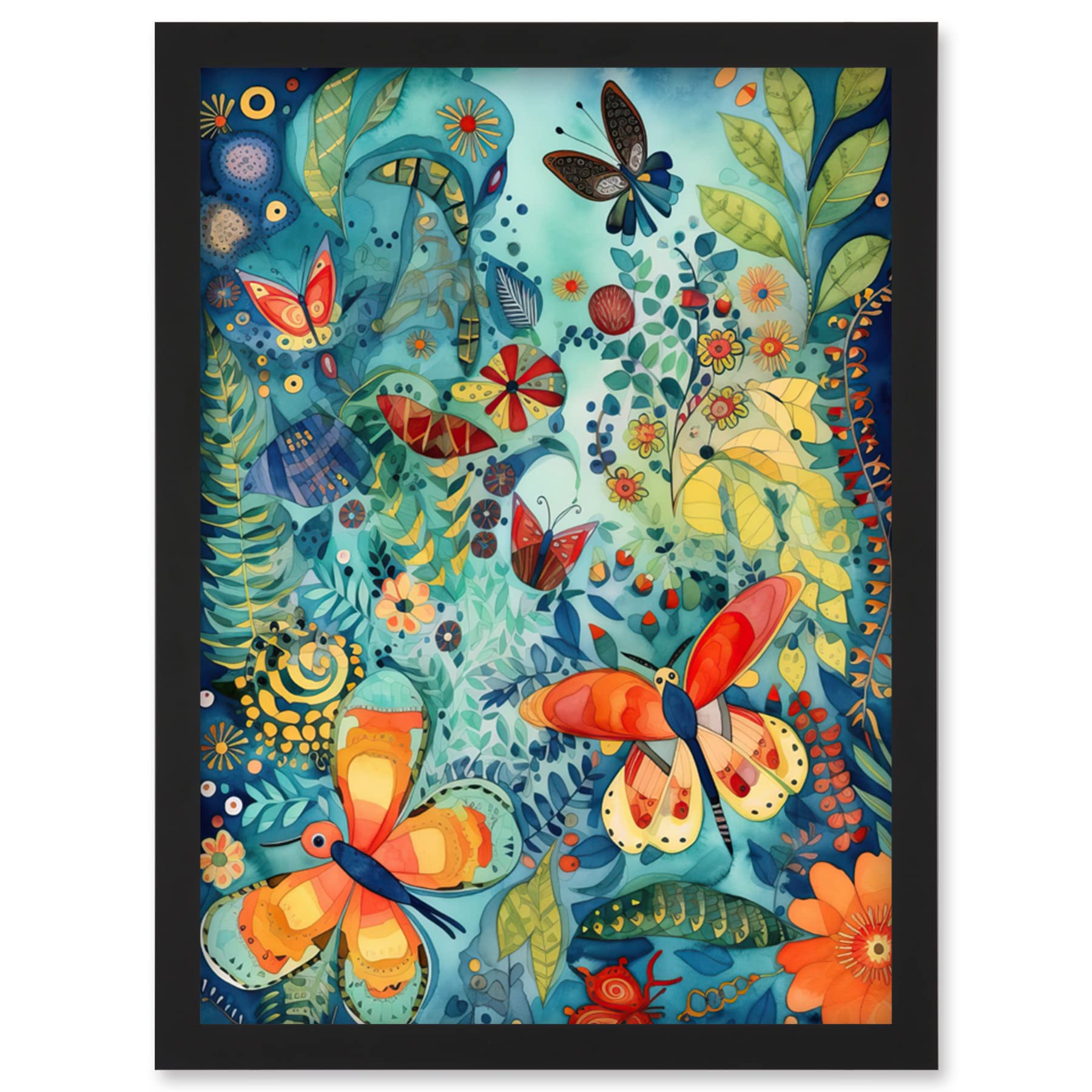 Artery8 Butterfly Insects in Flower Field Modern Folk Art Artwork Framed Wall Art Print A4