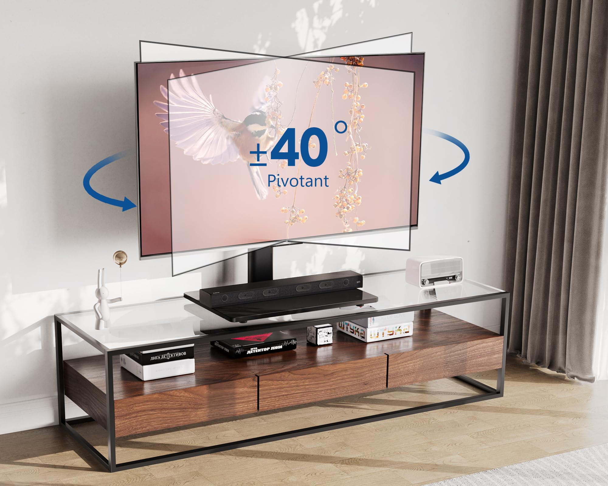 FITUEYES Support TV sur Pied, avec Base en Verre Trempé, 32-65 Pouces