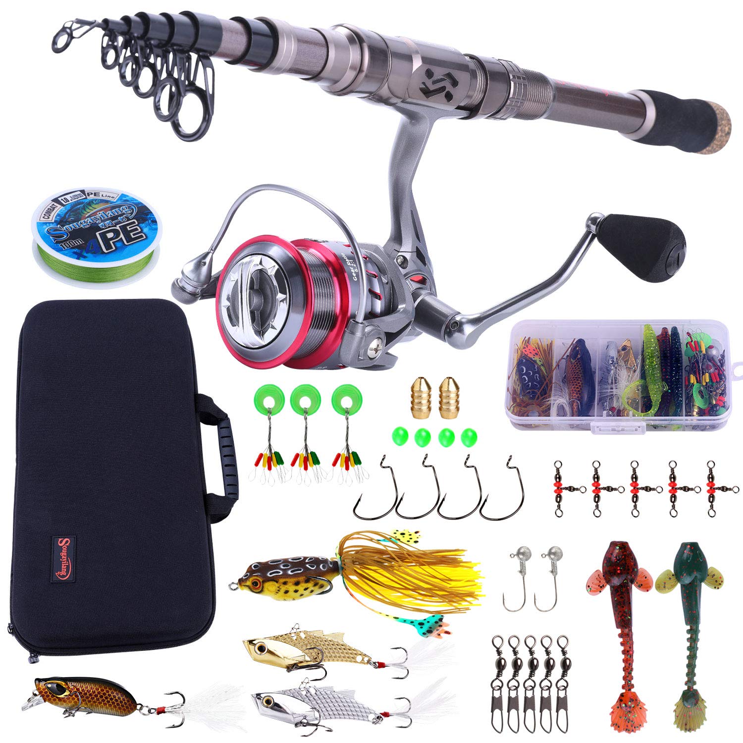 SougayilangFishing Rod and Reel Set Carbon Fiber Telescopic Fishing Rod 12+1BB Spinning Reel with Carry Case for Saltwater Freshwater