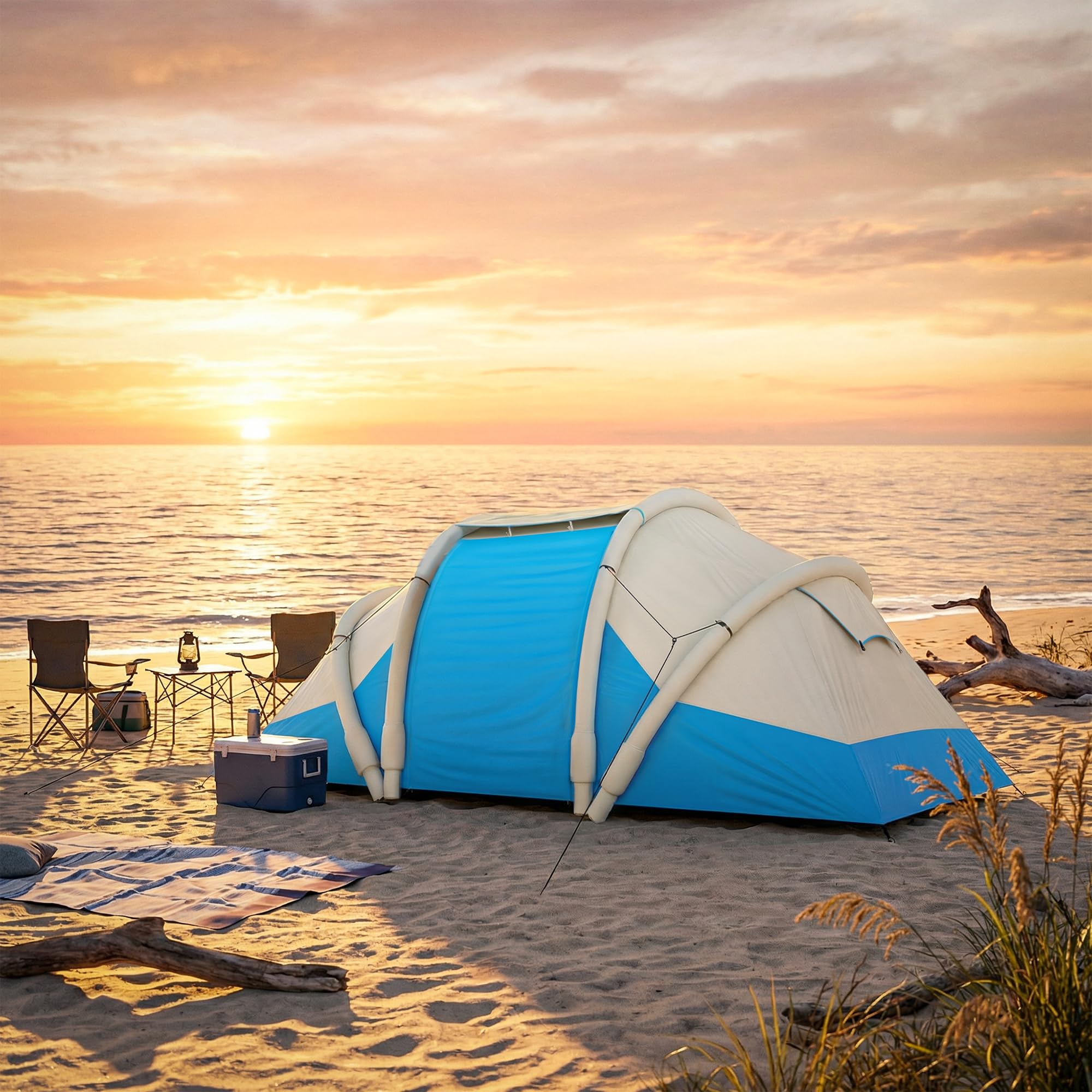 Outsunny Aufblasbares Campingzelt mit Luftpumpe, Campingzelt für 4 Personen, wasserdicht 3000 mm, mit 2 Schlafzimmern, Fenstern, Türen und Tragetasche, schnelle Montage, Blau