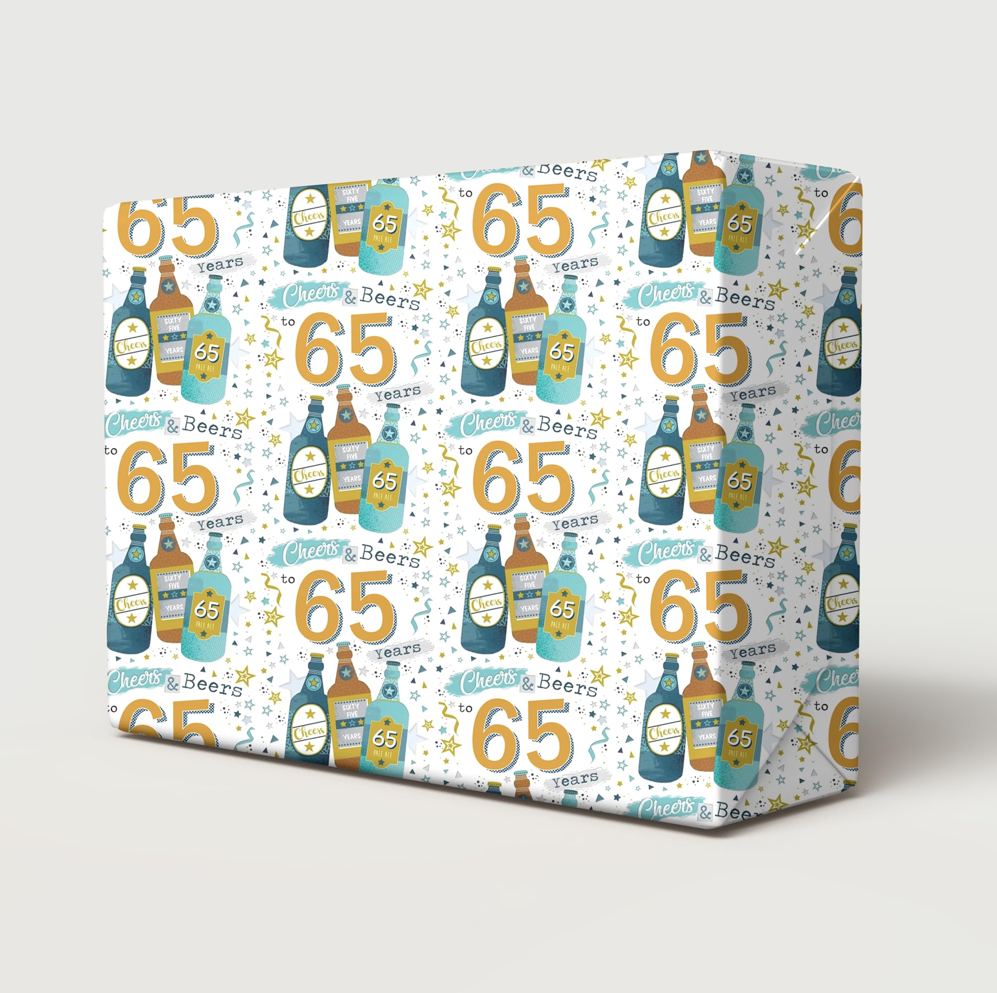 2 Sheets 2 Tags Happy 65th Birthday Cheers & Beers Wrapping Paper Age 65 Can Lager Bottle Pint Birthday Fun Beer Lover Male Female Giftwrap (PA)
