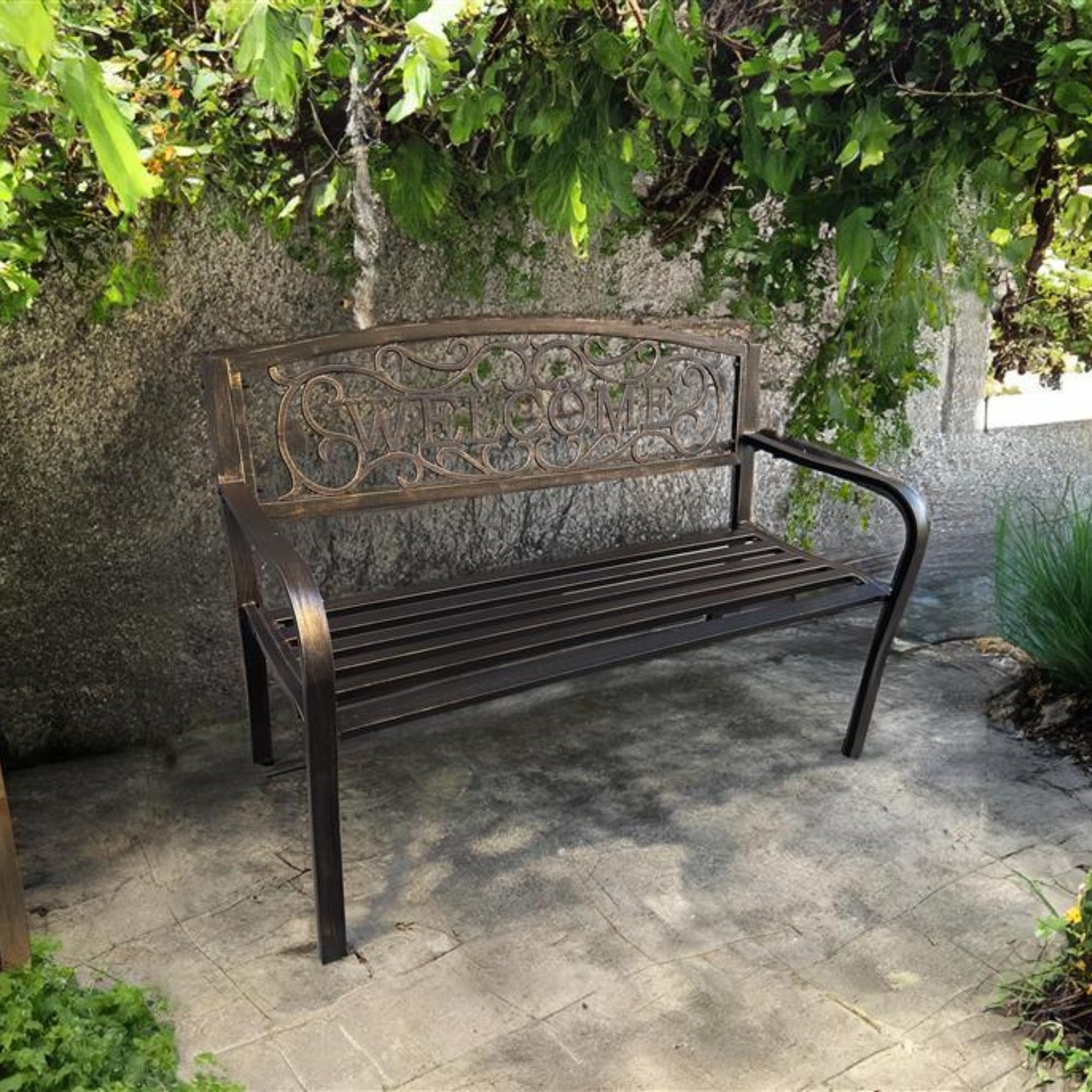 AKORD Gartenbank IRYS | Bank Garten mit Stahlbeinen und Gusseiserner Rückenlehne | Sitzbank Draußen Wetterfest | Outdoor Holzbank | Gartenbänke mit Armlehne | Parkbank | Breite 127 cm | Braun