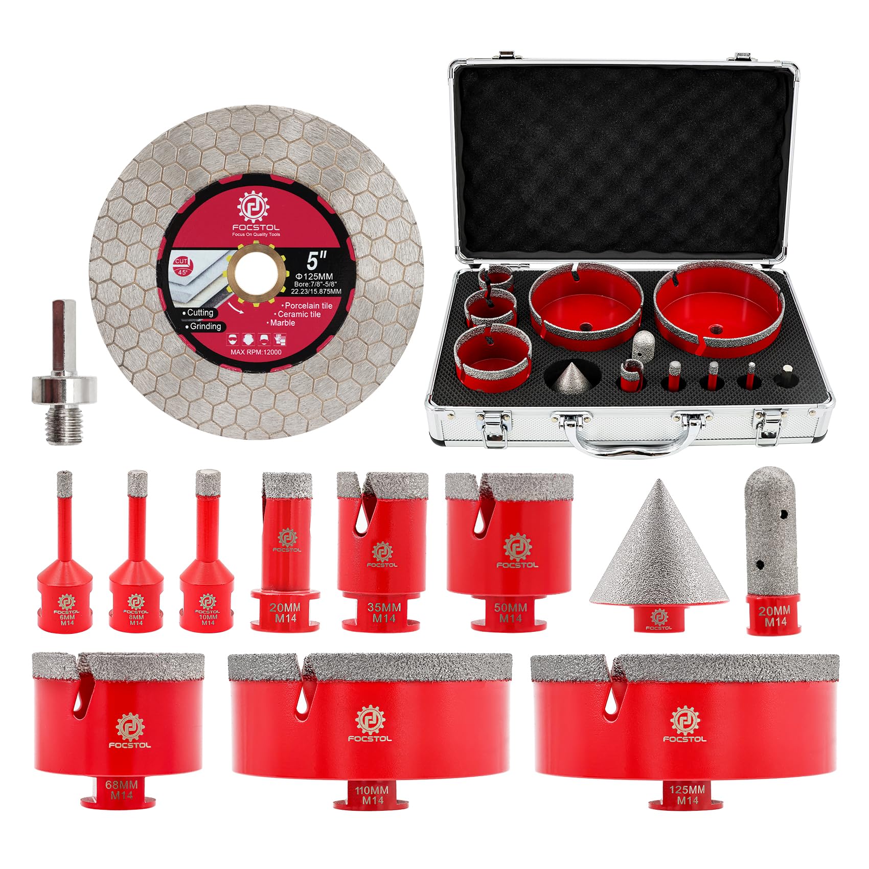 FOCSTOL Juego de Brocas Diamante - Corona Diamante Porcelanico para Cerámica Mármol Granito 13 piezas (6/8/10/20/35/50/68/110/125mm+20mm Fresa+50mm Broca Chaflán Biselado+Adaptador+125mm Disco)