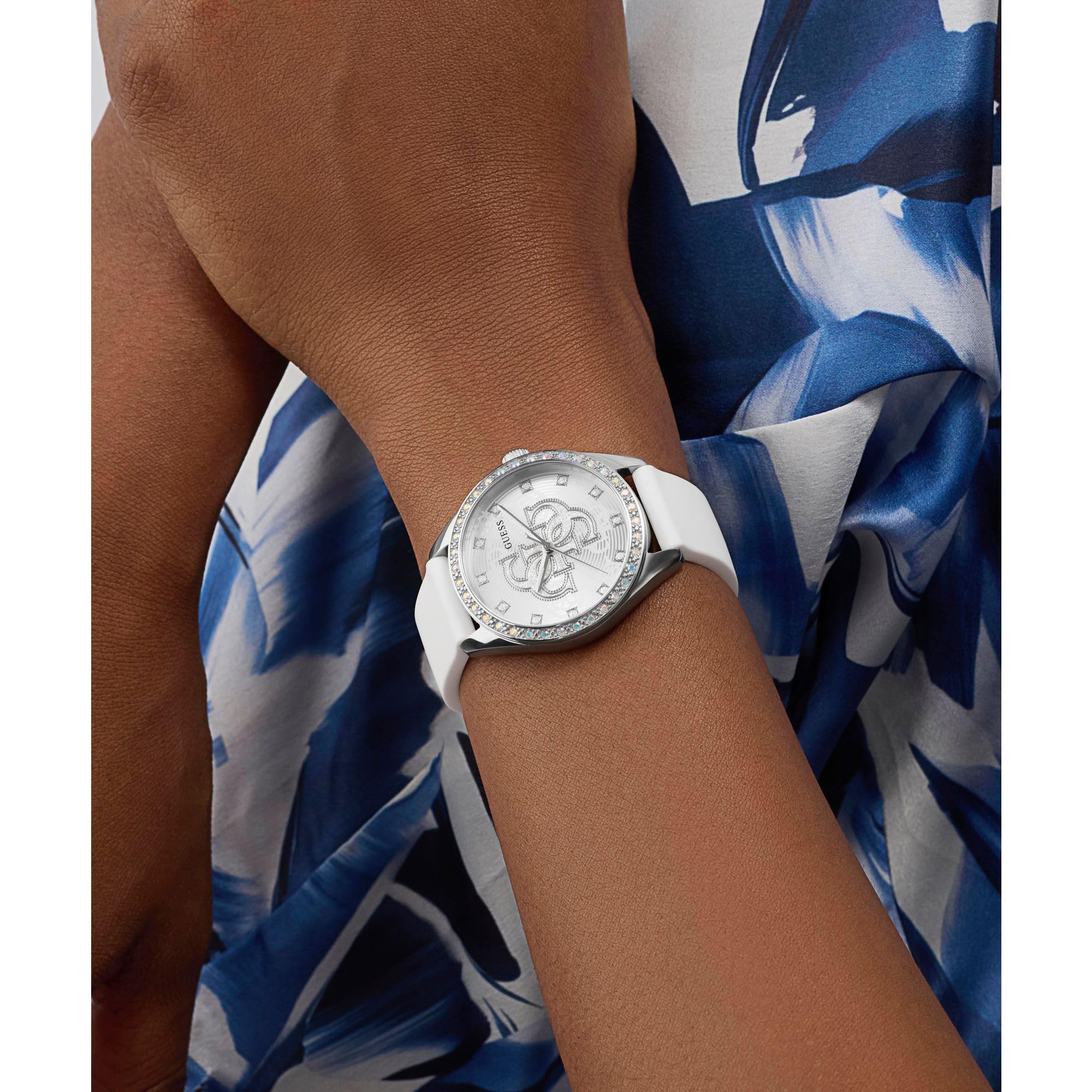 GUESS Reloj de Mujer AVA GW1042L1 Analógico, Movimiento Cuarzo, Caja Acero Inoxidable, Correa Blanca de Silicona