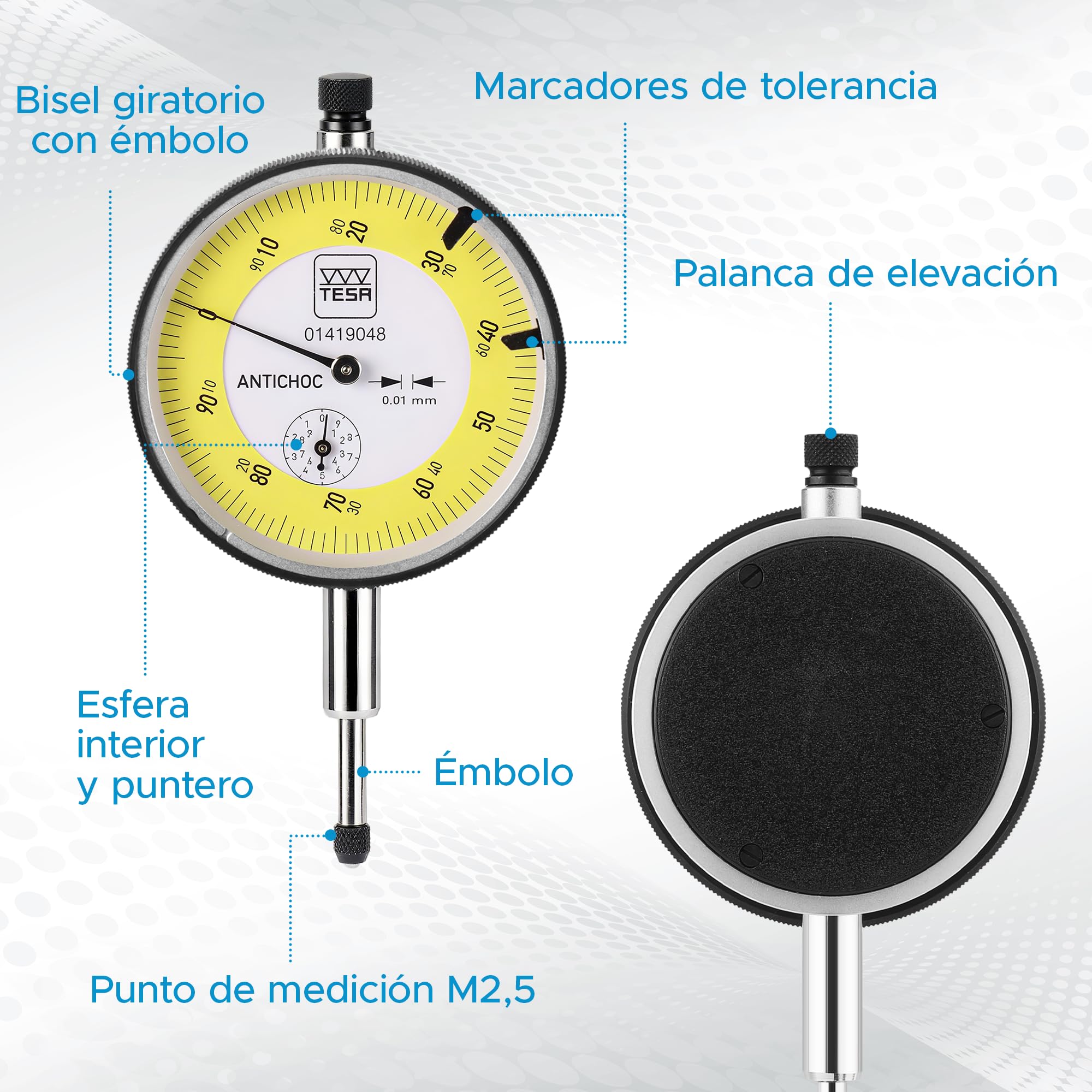 Tesa 01419048 electrónico y analógico Dial Calibre, esfera ø 58 mm, lectura 0,01 mm – estándar y largo viaje, rango de medición 10 mm, Analógico escala intervalo 0,01 mm