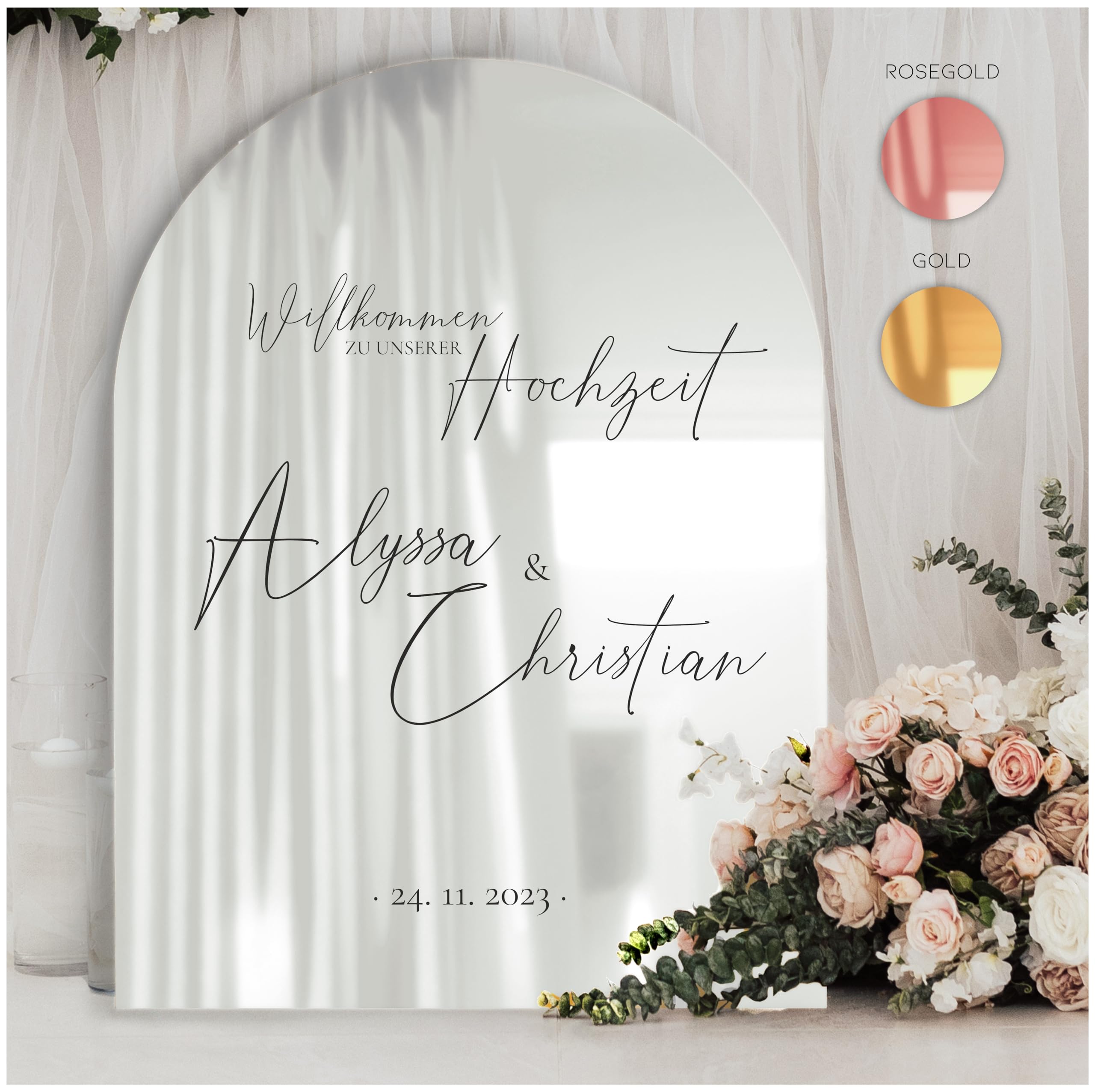 Manschin-Laserdesign Willkommensschild Acrylglas Spiegel personalisiert in veschiedenen Farben - Made in Germany - Welcome Willkommen Schild für Hochzeit (60x40cm, Silber)