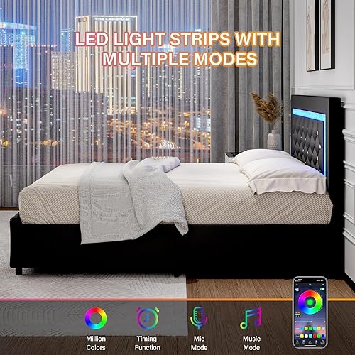 Miniatura 5 de BarnFurin Marcos de Cama Individual con Luces LED y Cajones de Almacenamiento, Marco de Cama Tapizado con Cabecera de Diamante, Cama de Plataforma