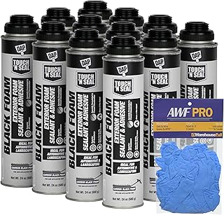 DAP Touch N Seal Black Spray Foam Sealant for RV, Pond, Waterfall & Landscape - UV Resistant, Class A Fire Rated, Waterproof, Polyurethane Adhesive with AWF PRO Gloves (Pack of 12)
