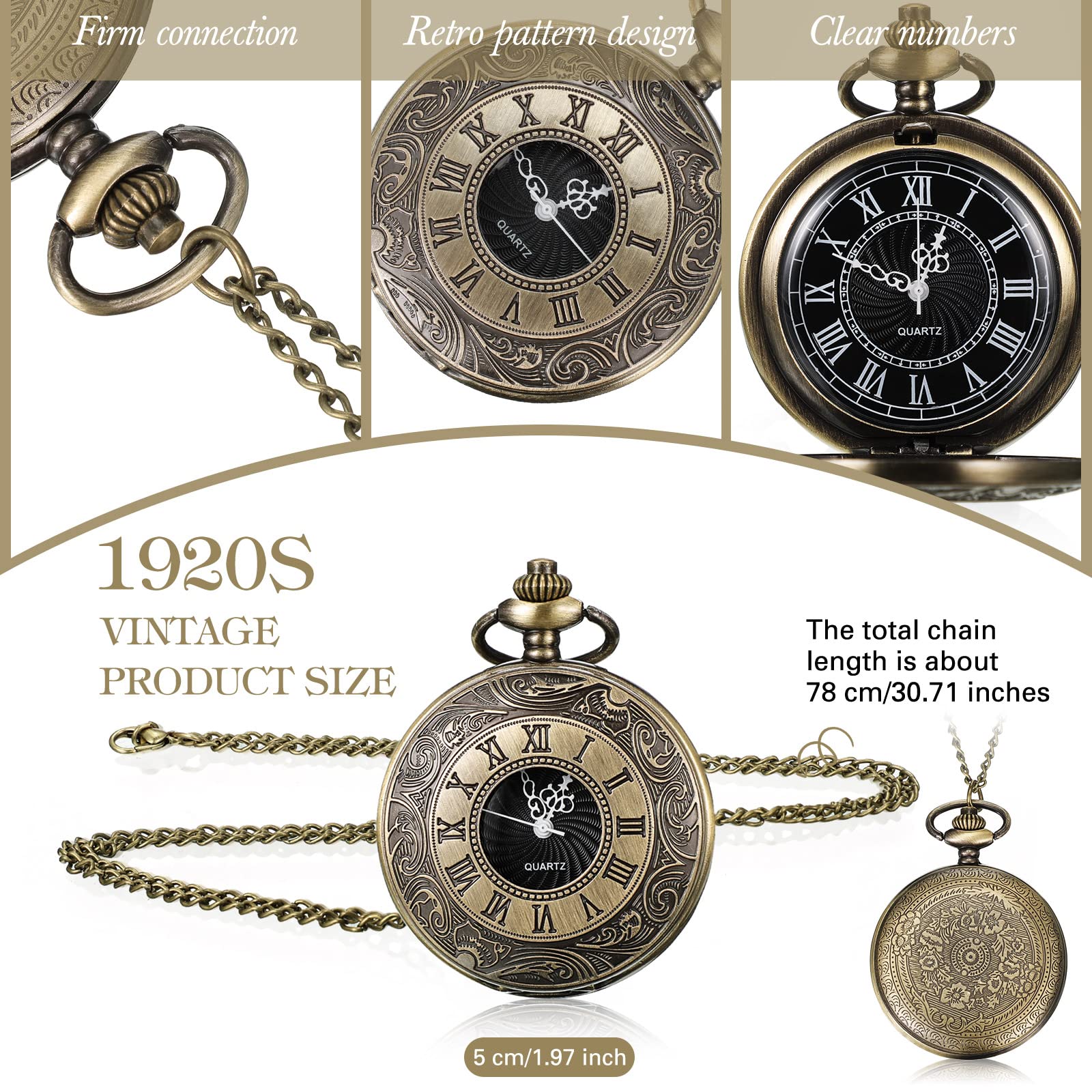 Reloj de Bolsillo, Reloj de Bolsillo Vintage Liso con Cadena números Romanos Reloj Antiguo for Hombres Mujeres papá cumpleaños Aniversario día(Bronze)