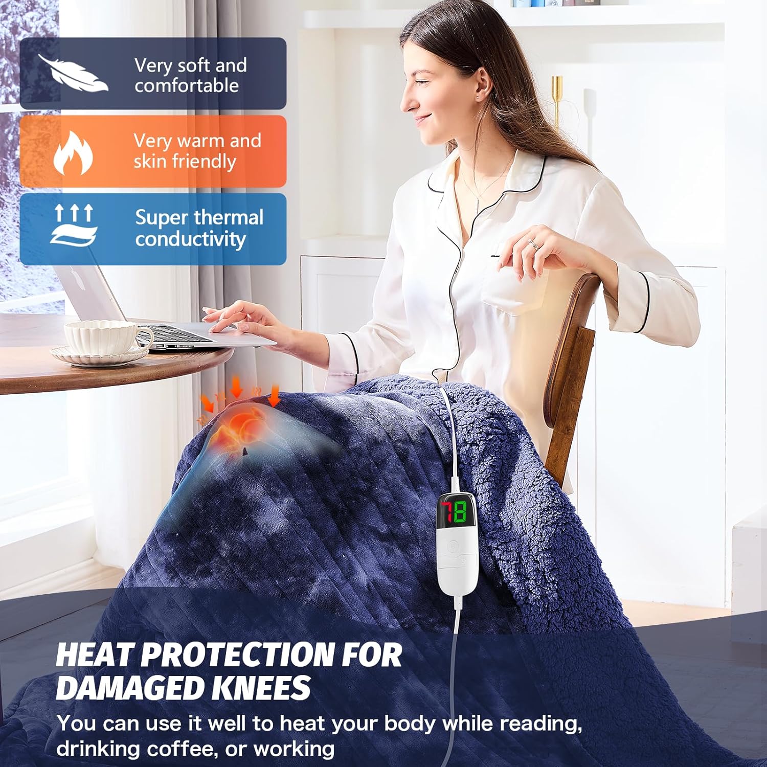 greenoak Heated Electric Blanket Throw, Faux Fur Sherpa Heating Blanket for Sofa Bed, Warm Winter Gifts for Dad/Grandma, Heater Lap Blankets 5-Position Timer &10 Heating Levels 50''*60" Cobalt - Image 5