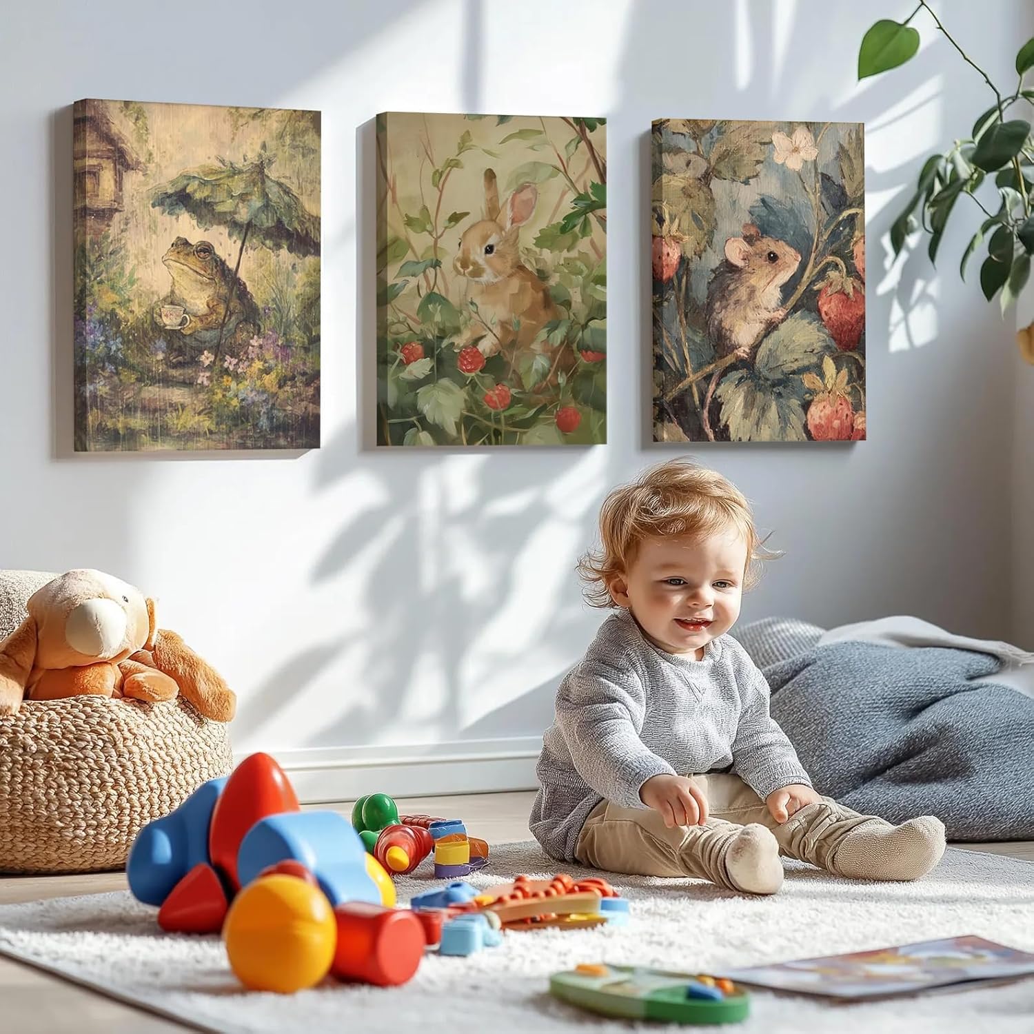 3pcs Woodland Nursery Wall Art Retro Wild Animals Painting Picture Wall Decor The Mouse and Rabbit Picking Raspberries Funny Frog With An Umbrella, Poster Print Artwork for Child Room Home Decoration