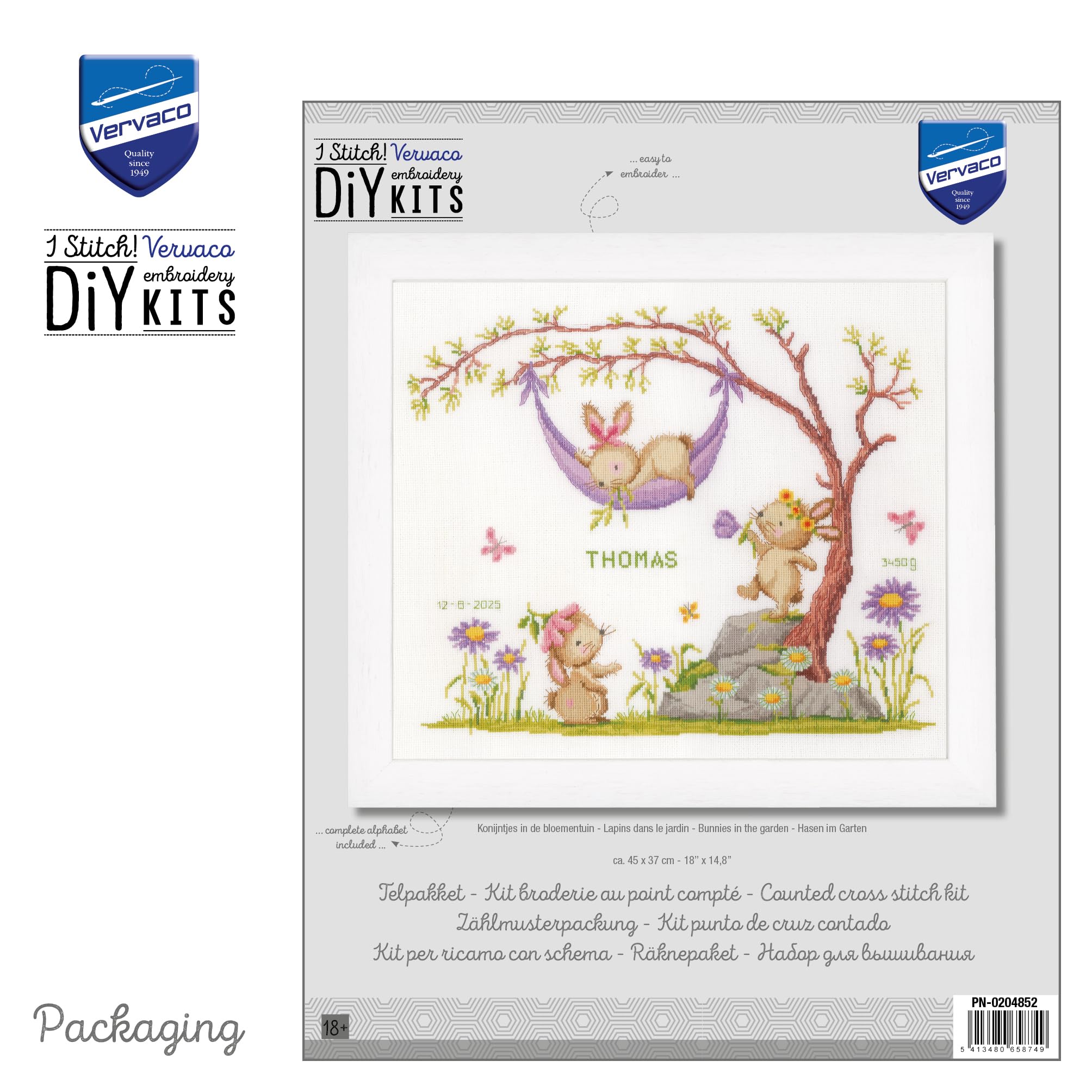 VERVACO Haft Krzyżykowy Liczony Zestaw Metryczka dla Dziecka KRÓLIKI W OGRODZIE Pamiątka Narodzin Zrób to Sam Zestaw Kreatywny dla Dorosłych 45 x 37 cm Dekoracje Ścienne Pokój Dziecka Cross Stitch