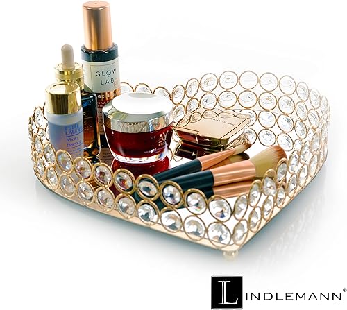 Miniatura 107 de Bandeja de tocador de cristal decorativa con espejo, bandejas de perfume para maquillaje, almacenamiento de cosméticos, organizador de Bandeja