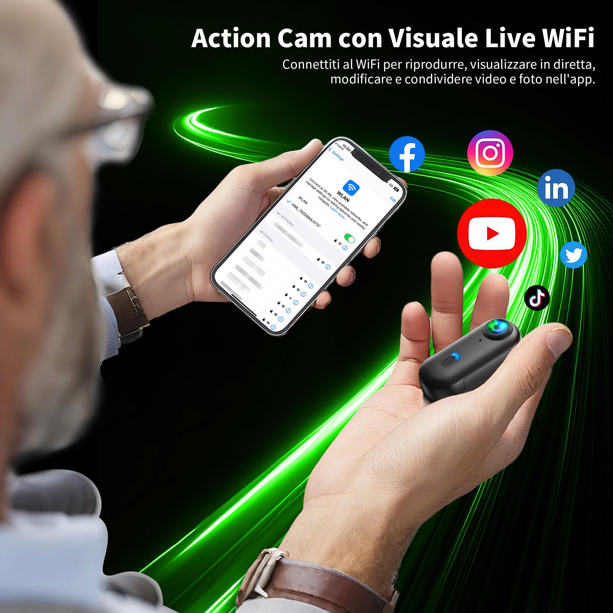 4K Mini Action Cam WiFi, Telecamera Moto, Grandangolare 120° Bodycam, Videocamera Sportiva Impermeabile fino a 30M, Fotocamera Accesorios Multiples per Bicicletta Casco