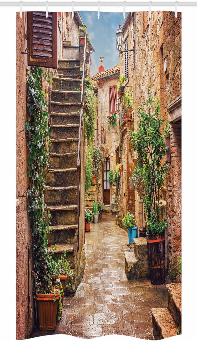 Ambesonne Italian Stall Shower Curtain, View of Old Mediterranean Street Stone Rock Houses in Italy City Rural Print, Fabric Bathroom Decor Set with Hooks, 36" W x 72" L, Camel Hunter Green