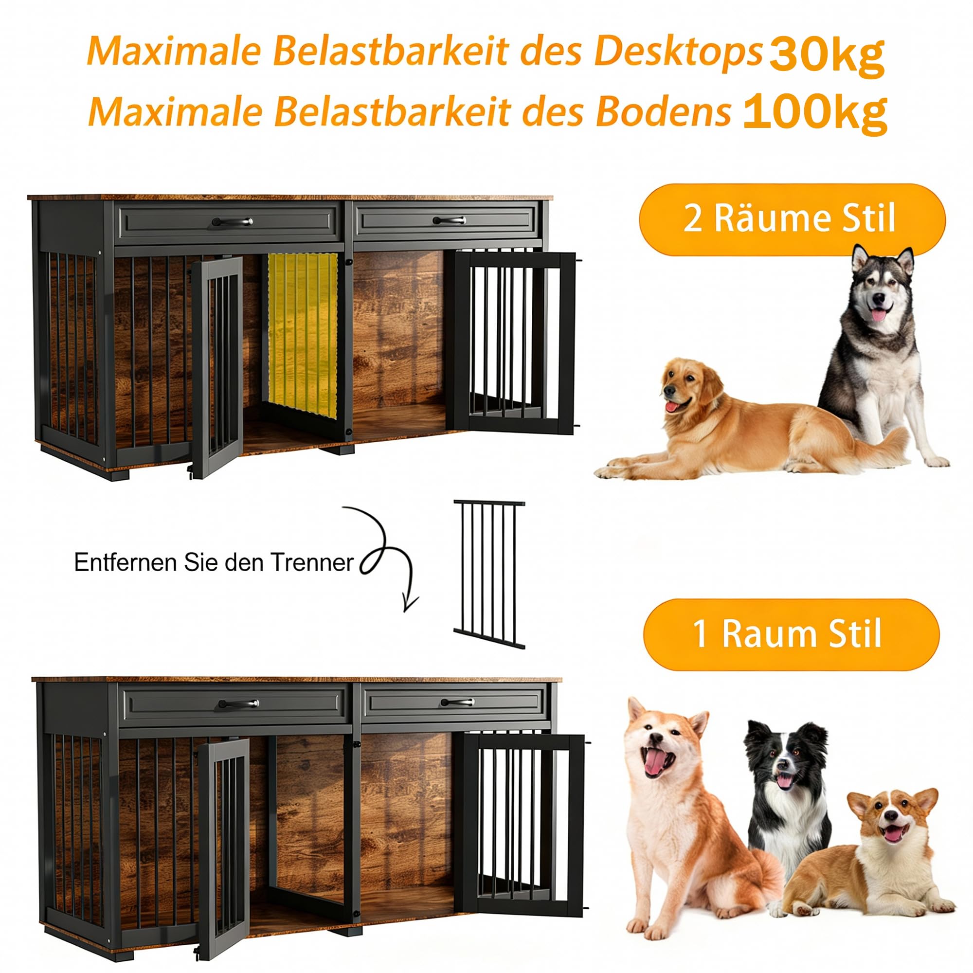 Hundekäfig Schrank XXL, Hundekäfig mit 2 Schubladen und 2 Türen, Hundebox für Zuhause Große/Mittlere Hunde,Beistelltisch, Hundehütte Indoor, Hundehaus für Zuhause, Schwarz, 164 x 60 x 80 cm, Eisen