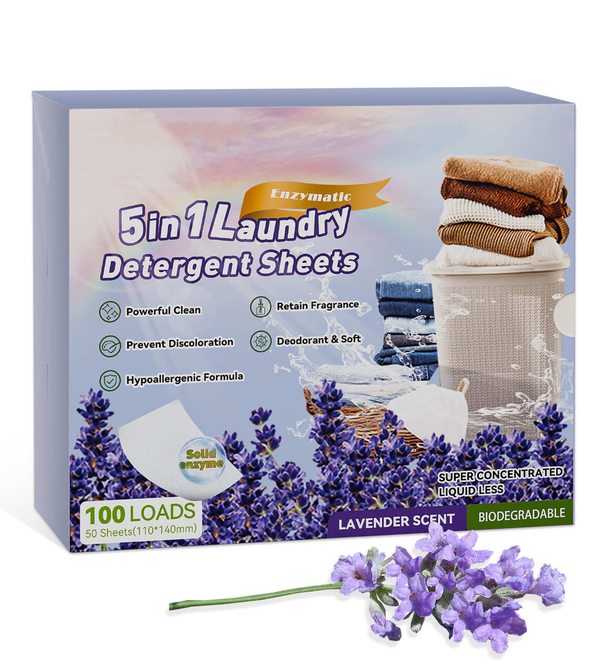Travel Laundry Detergent Sheets, Laundry Detergent Sheets Lavender Scent 100 Loads (50 Sheets), 5 in 1 Eco-Friendly for Travel,Hypoallergenic and Plastic Free for Camping Dorm