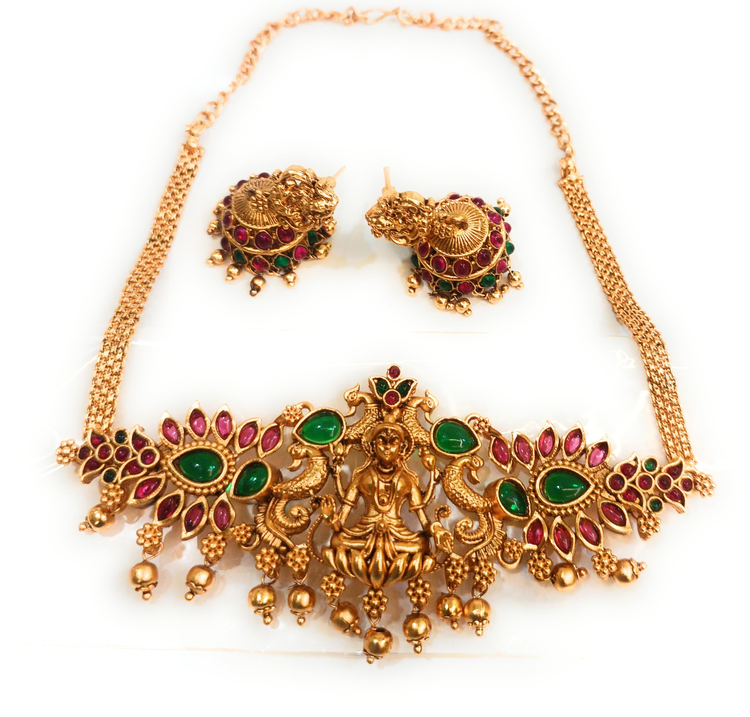 Adyashree EmporiumLakshmi Kasu mala Gold Plated Latest Fashion Necklace Set Maharani Haar with Red, Green colour beads and Earrings. Latest Bridal Jewellery Necklace set Jewellery Set for Women
